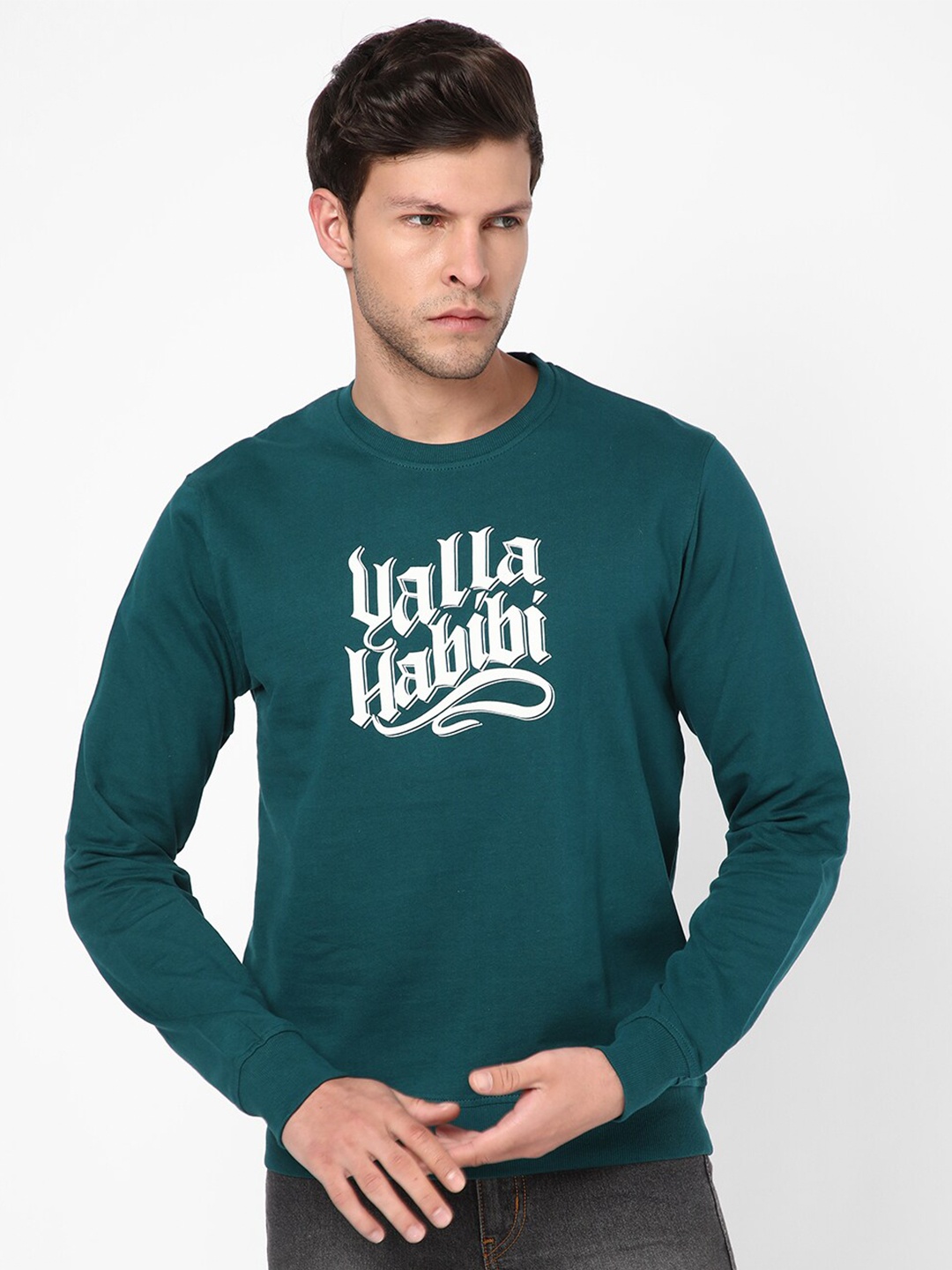 

R&B Men Printed Cotton Sweatshirt, Teal