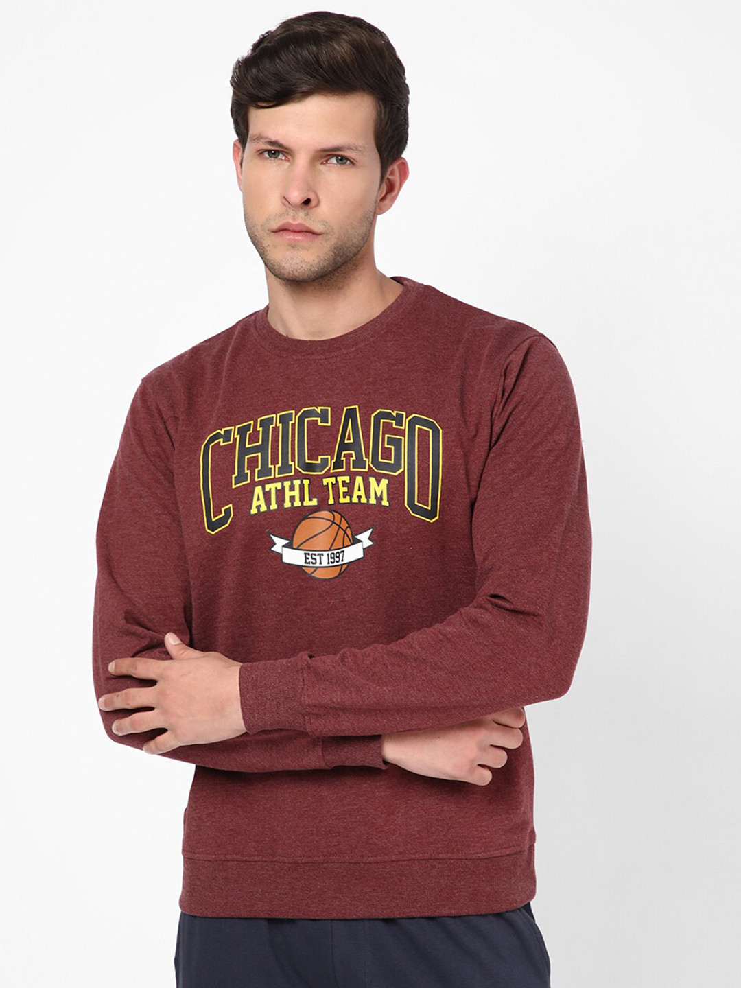 

R&B Men Printed Cotton Sweatshirt, Rust