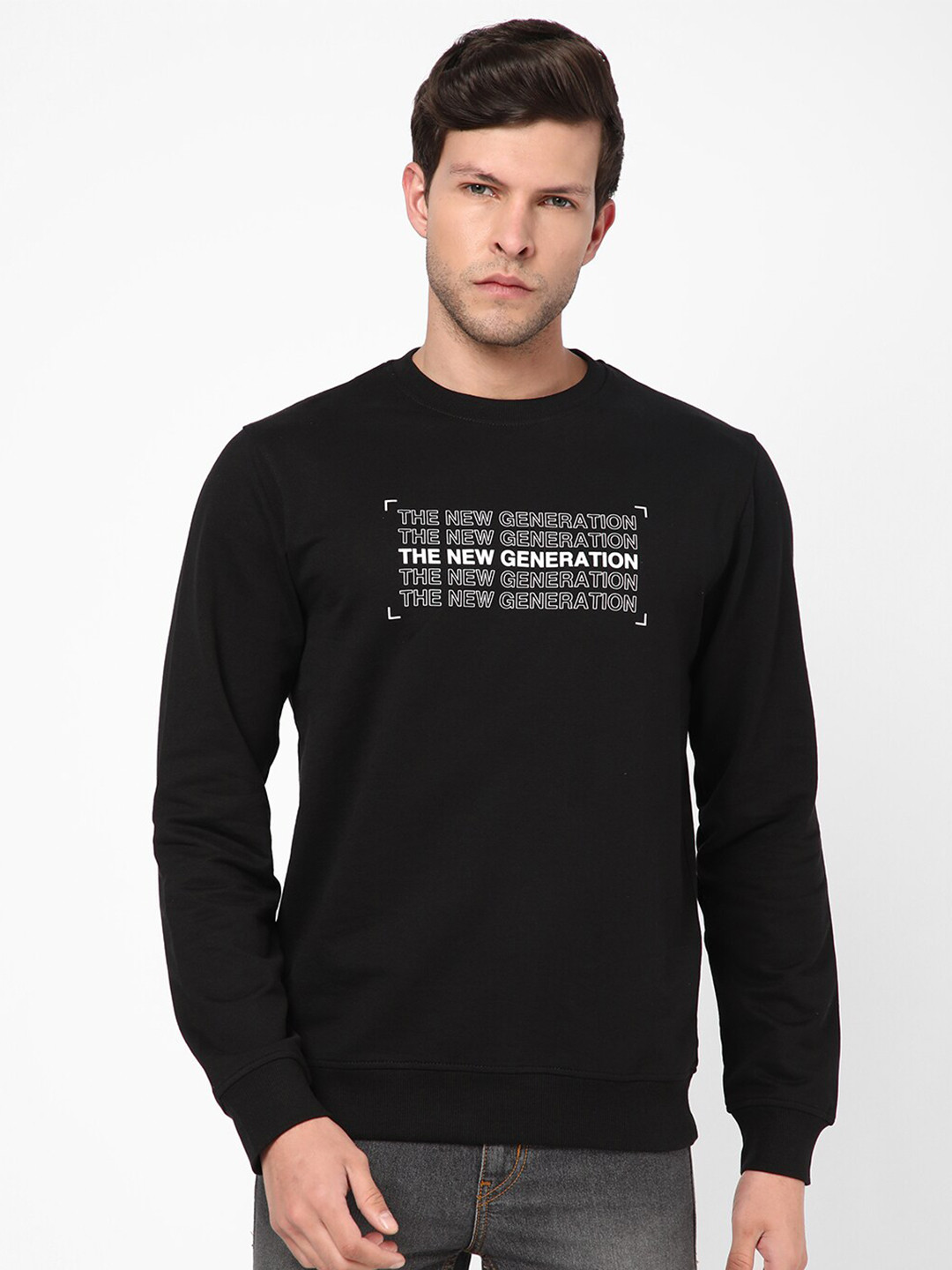 

R&B Men Printed Cotton Sweatshirt, Black