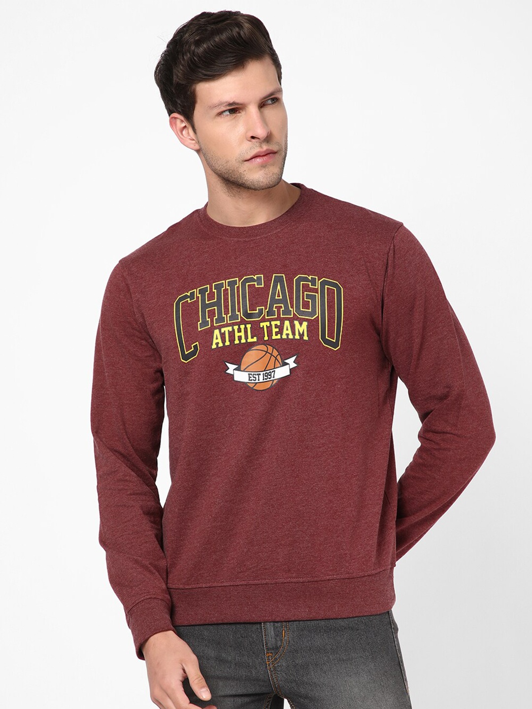 

R&B Men Printed Cotton Sweatshirt, Rust