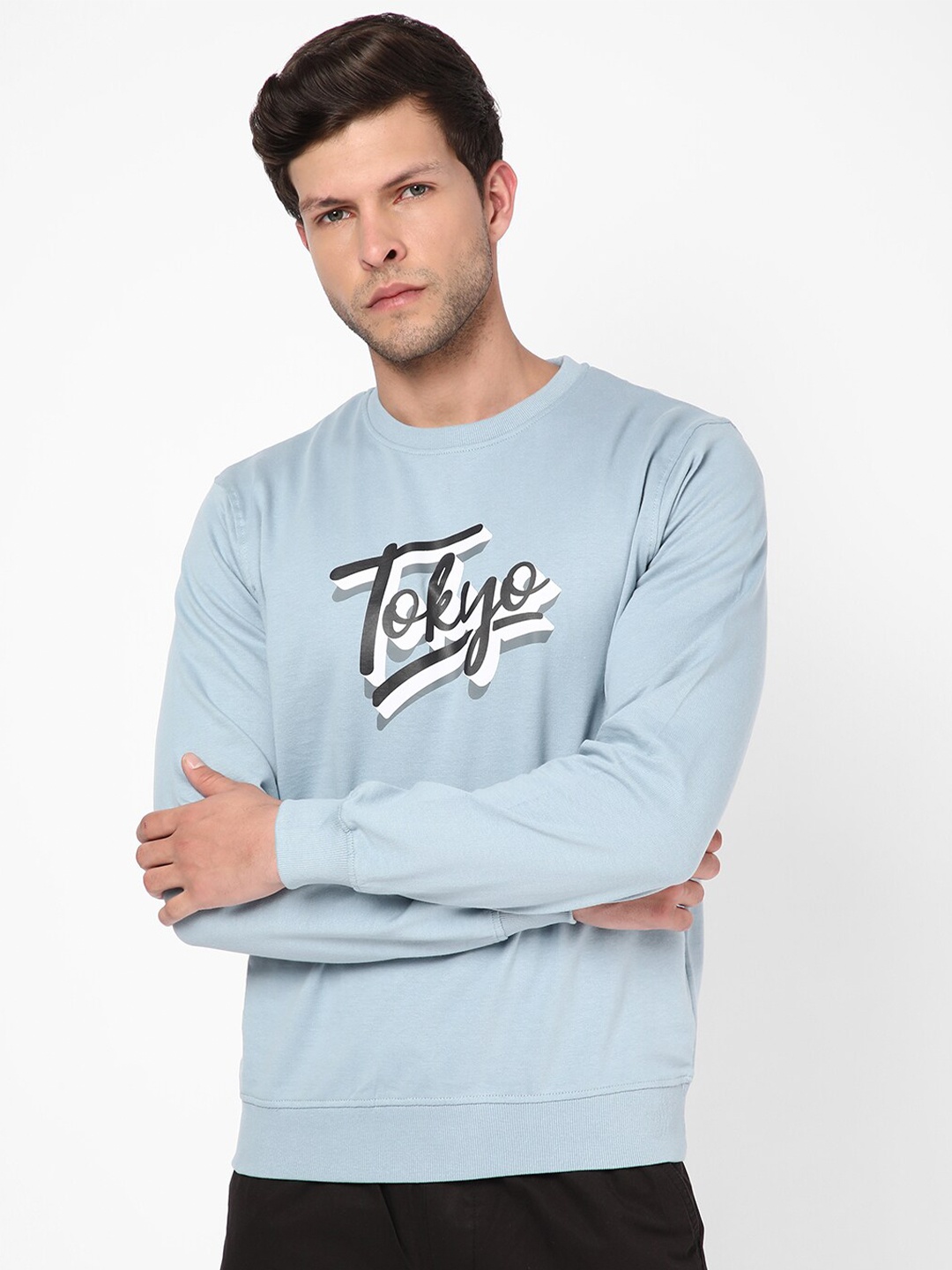 

R&B Men Printed Cotton Sweatshirt, Blue
