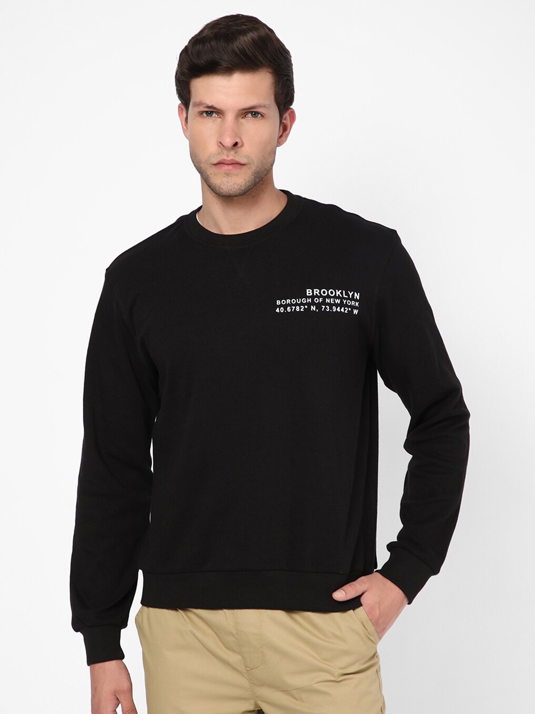 

R&B Men Printed Cotton Sweatshirt, Black