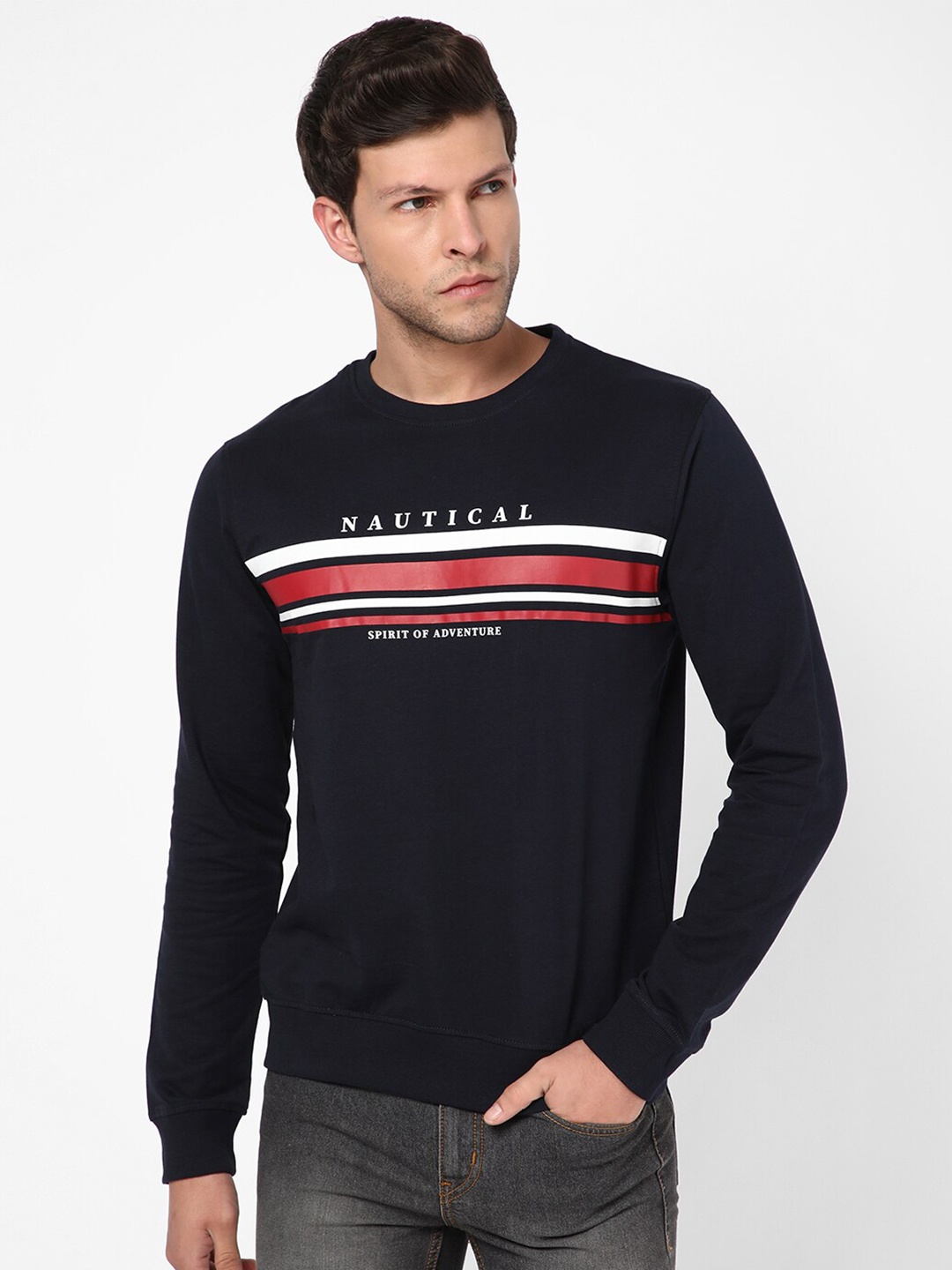 

R&B Men Printed Cotton Sweatshirt, Navy blue