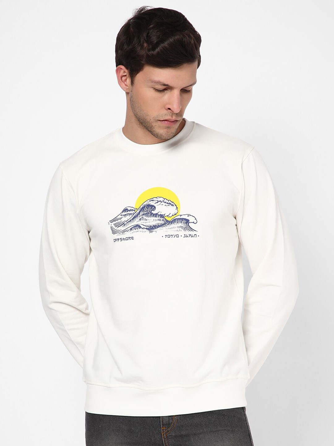 

R&B Men Printed Cotton Round Neck Sweatshirt, White
