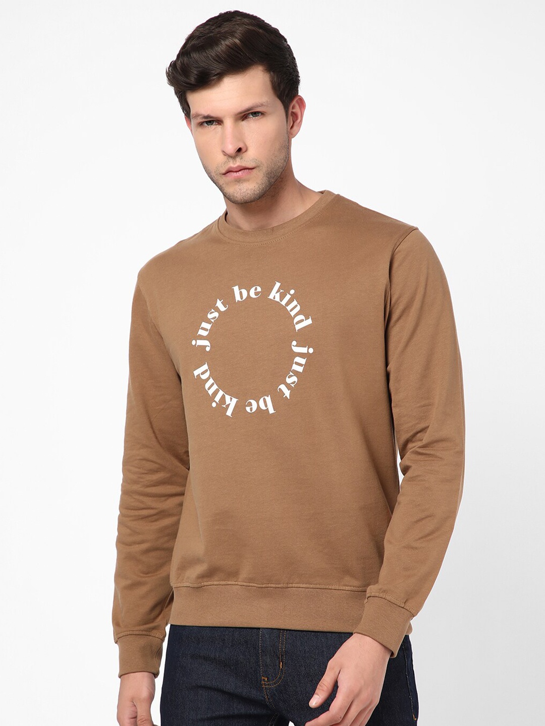 

R&B Men Printed Cotton Round Neck Sweatshirt, Brown