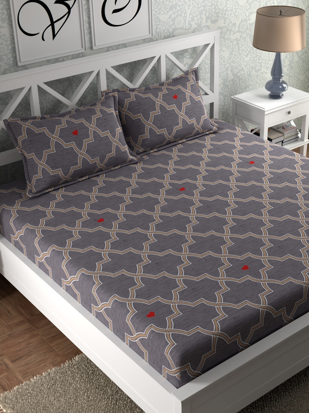 

CHHAVI INDIA Grey Melange & White Geometric 210 TC Queen Bedsheet with 2 Pillow Covers