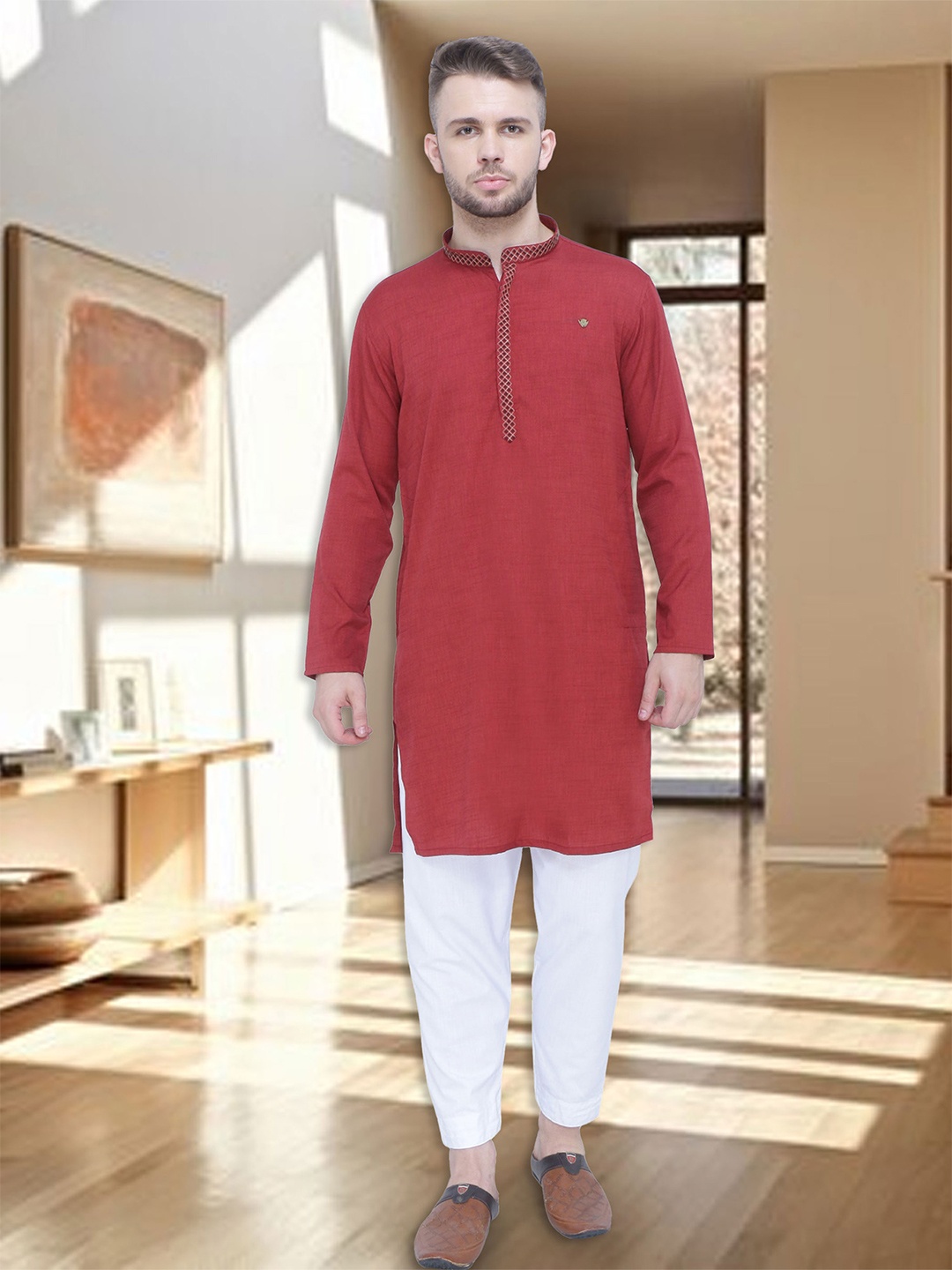 

Kuons Avenue Men Yoke Design Thread Work Kurta, Red