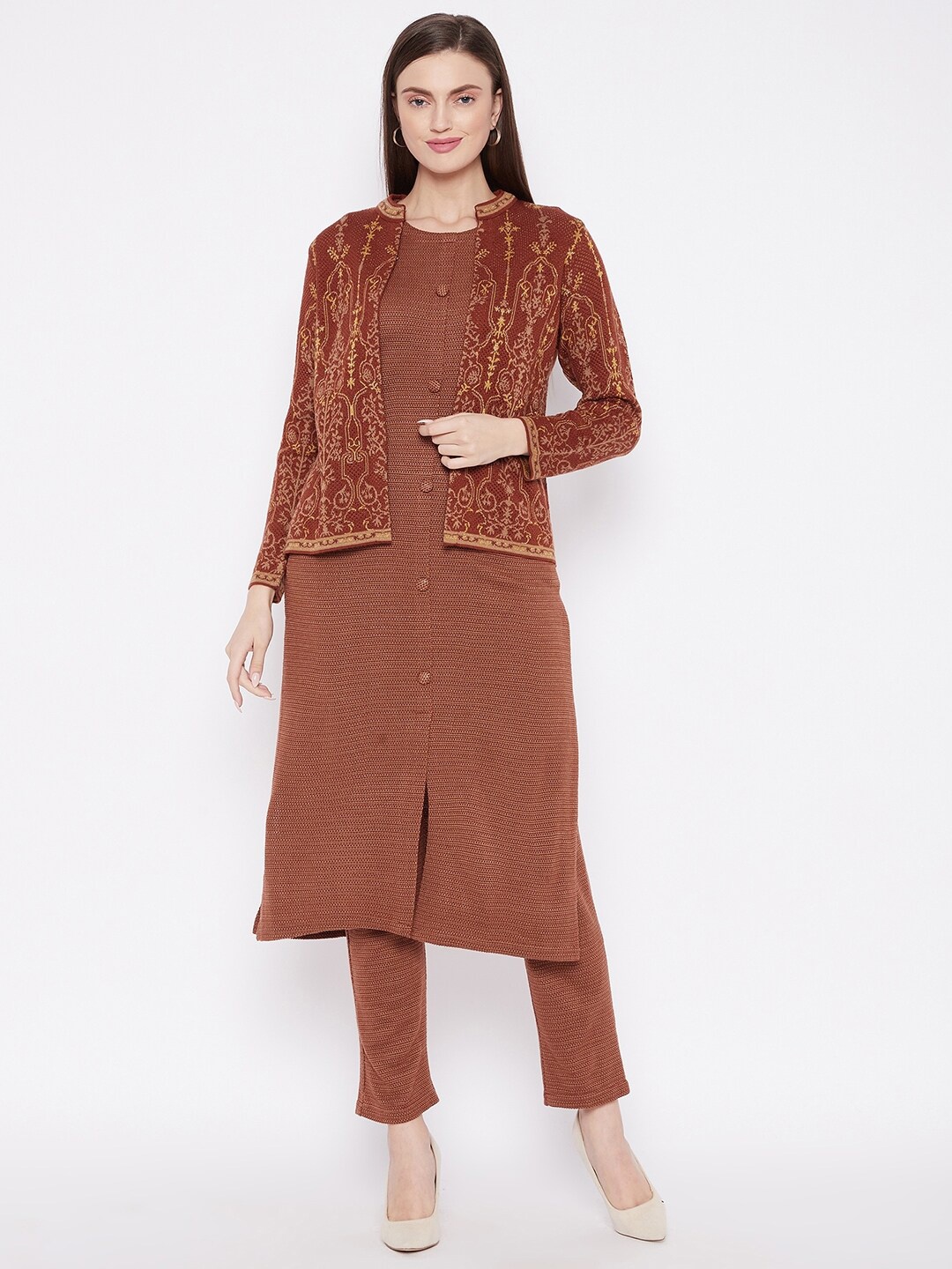 

Knitstudio Women Solid Kurta with Trousers & Jacket, Brown
