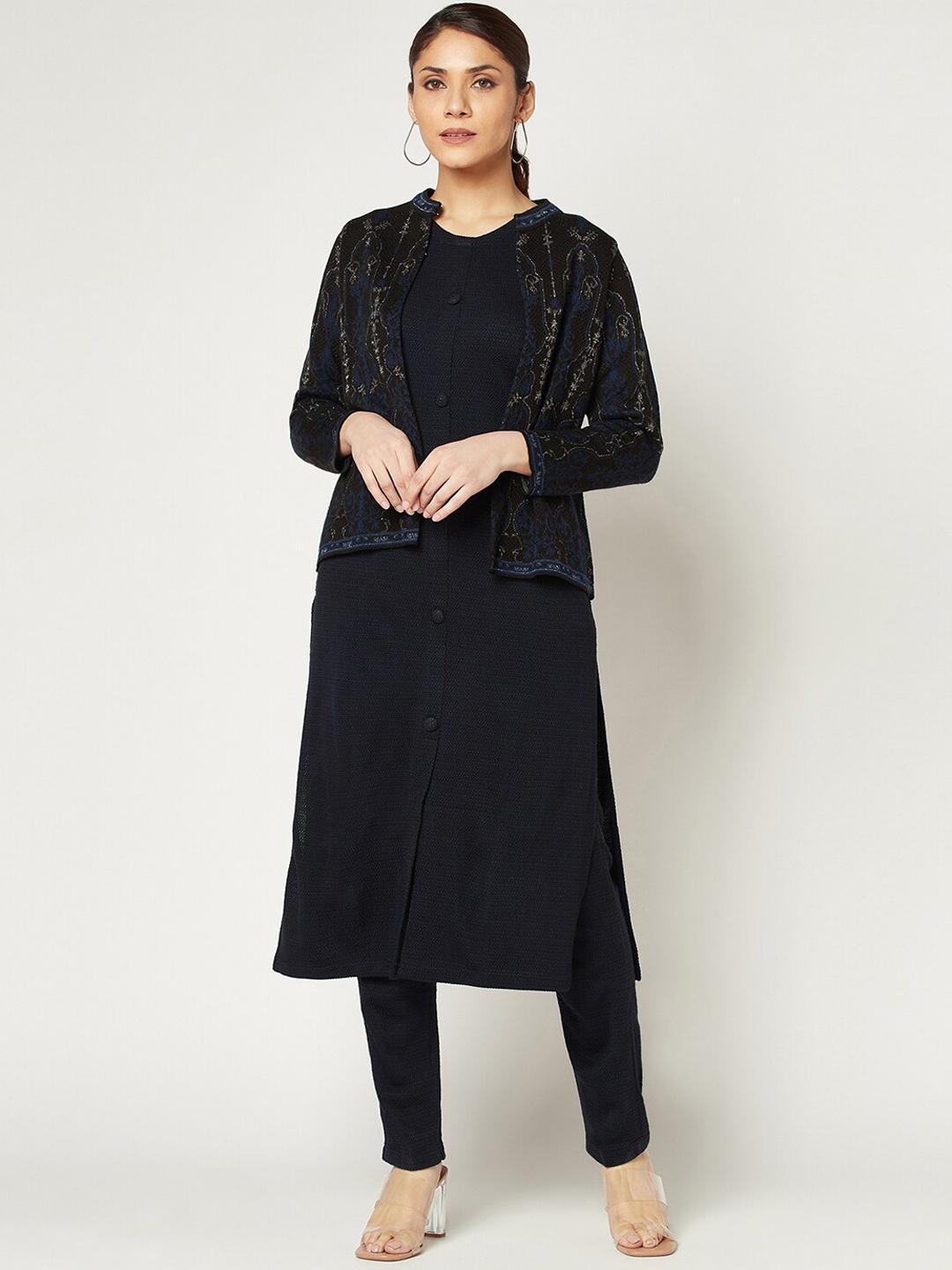 

Knitstudio Women Solid Kurta with Trousers & Jacket, Navy blue