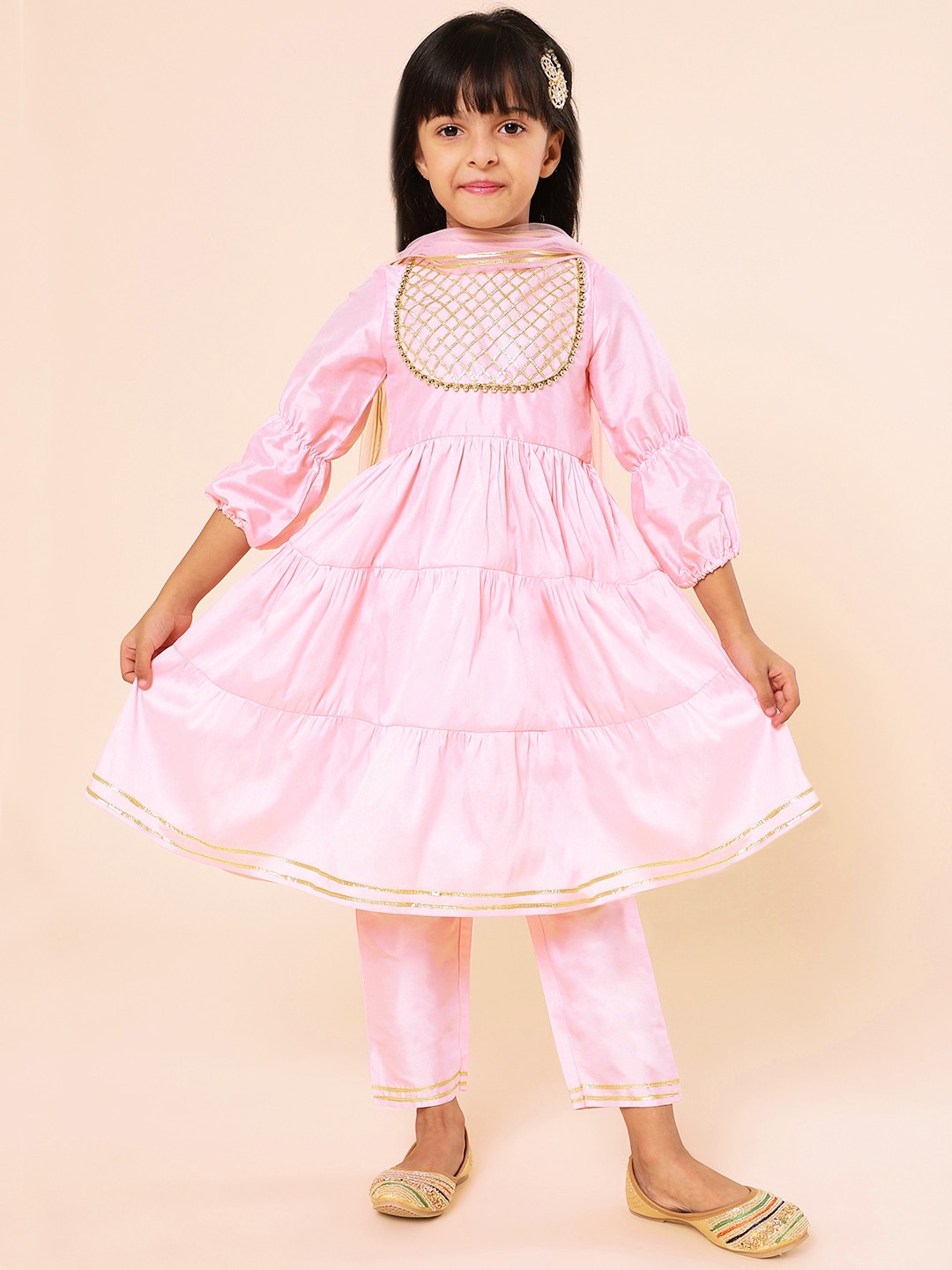 

A.T.U.N. Girls Yoke Design Tiered Gotta Patti Kurta with Trousers & Dupatta, Pink