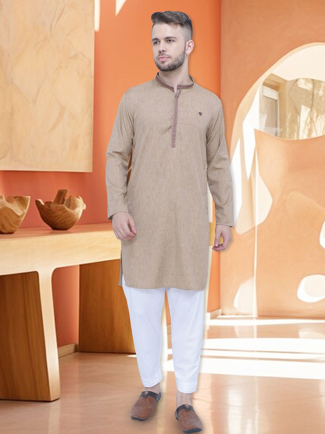 

Kuons Avenue Men Long sleeves Khaki Kurta