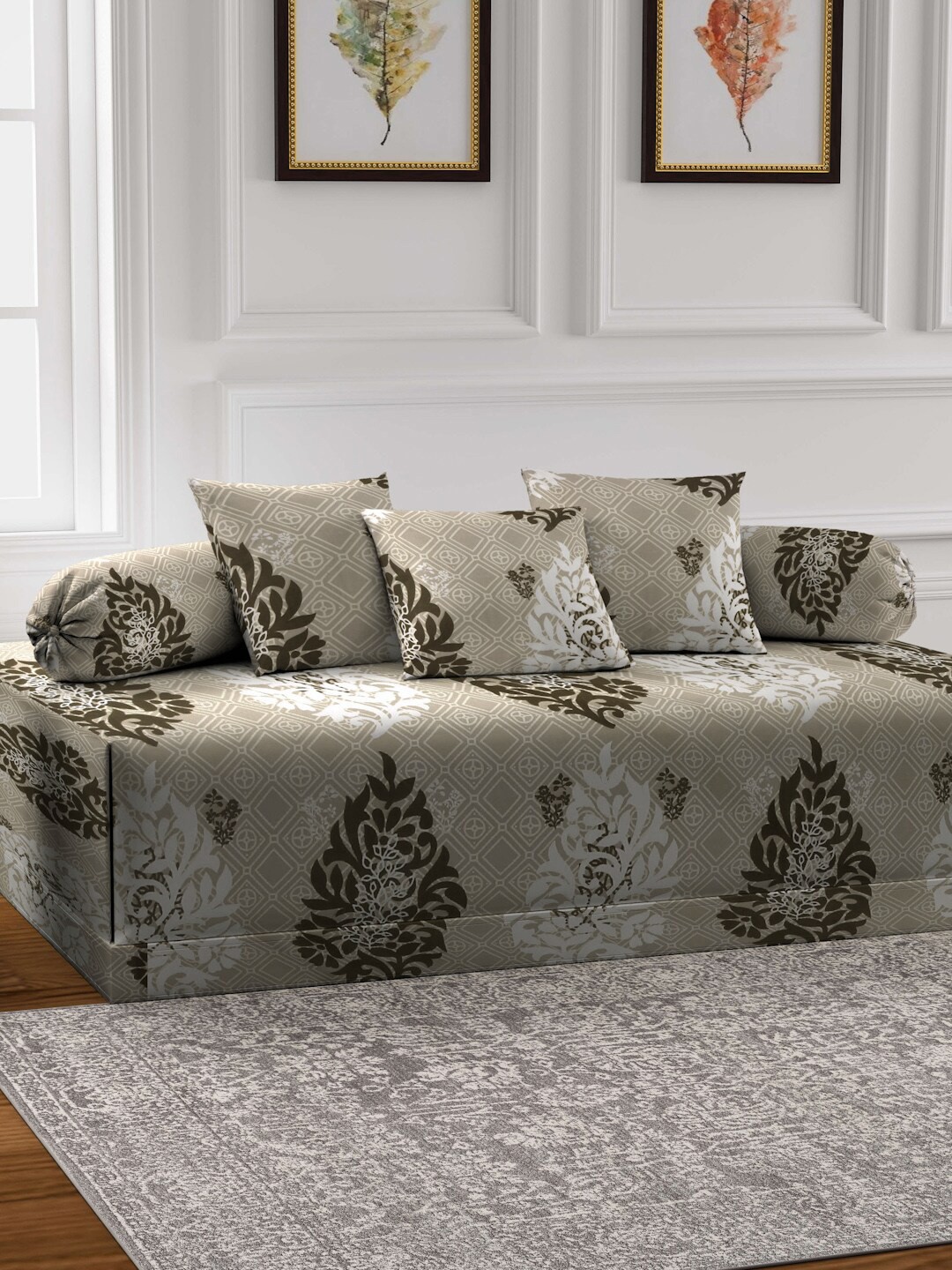 

KLOTTHE Grey and White Set Of 6 Floral Printed Diwan Set