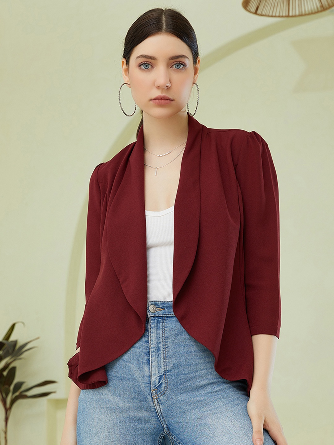 

Berrylush Women Solid Three-Quarter Sleeves Open Front Blazer, Maroon