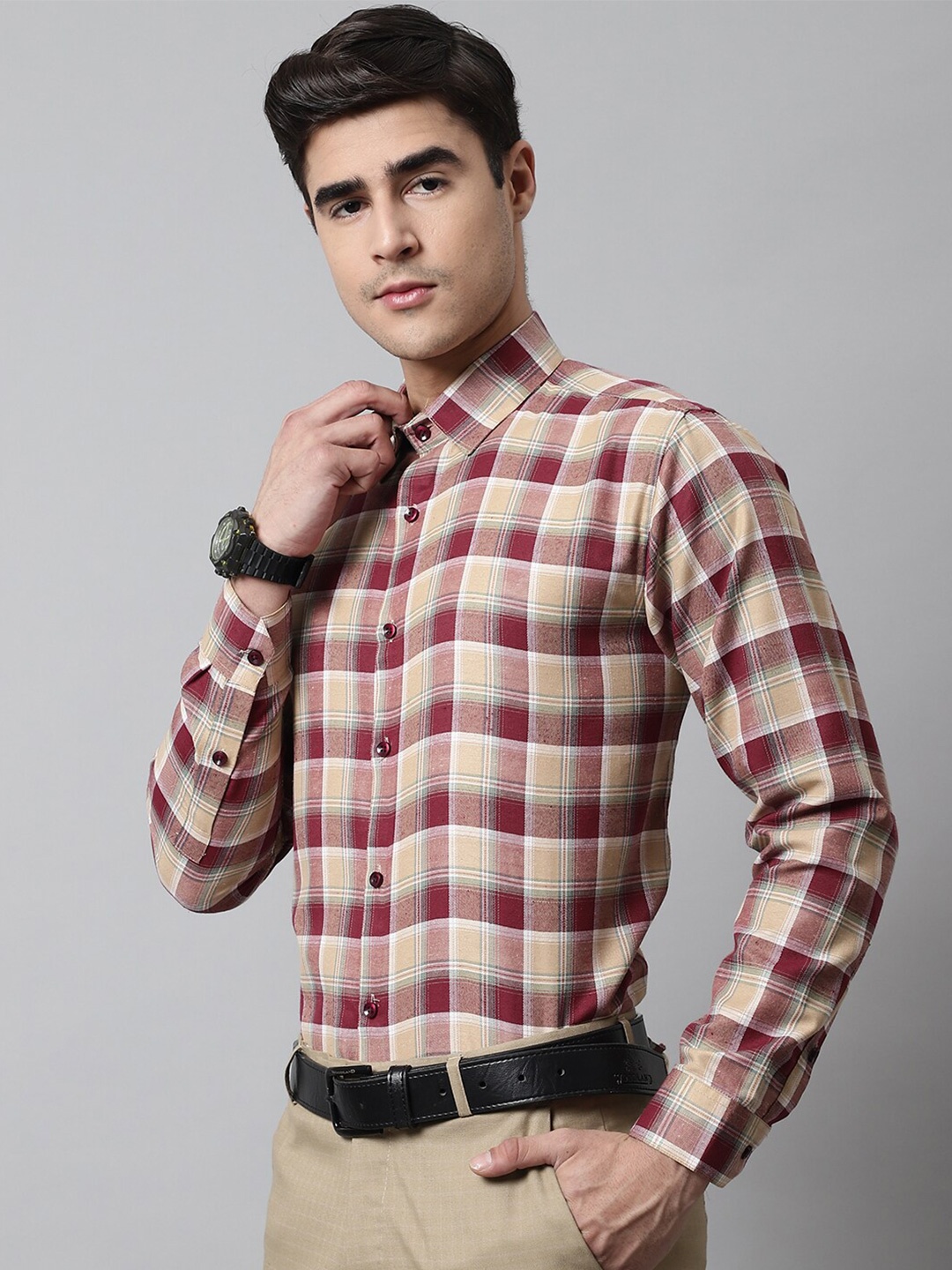

JAINISH Men Classic Tartan Checked Pure Cotton Jainish Formal Shirt, Red