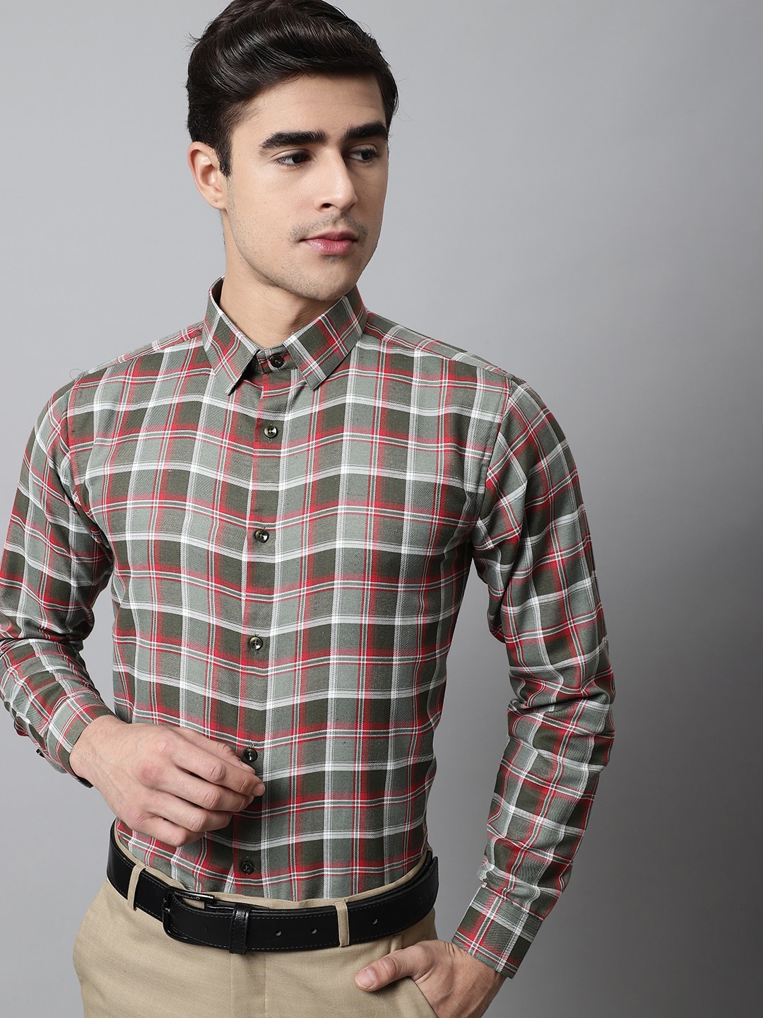 

JAINISH Men Classic Tartan Checked Pure Cotton Jainish Formal Shirt, Olive