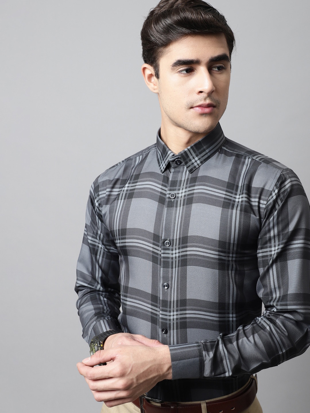 

JAINISH Men Tartan Checked Cotton Formal Shirt, Charcoal
