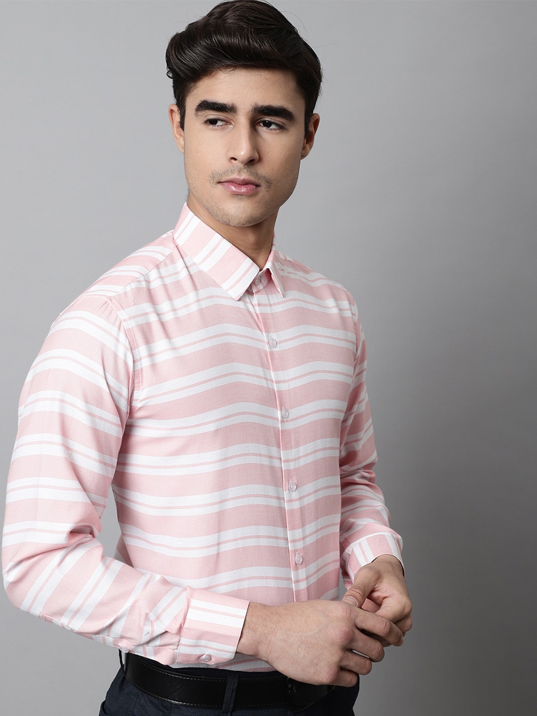 

JAINISH Men Horizontal Striped Cotton Formal Shirt, Peach