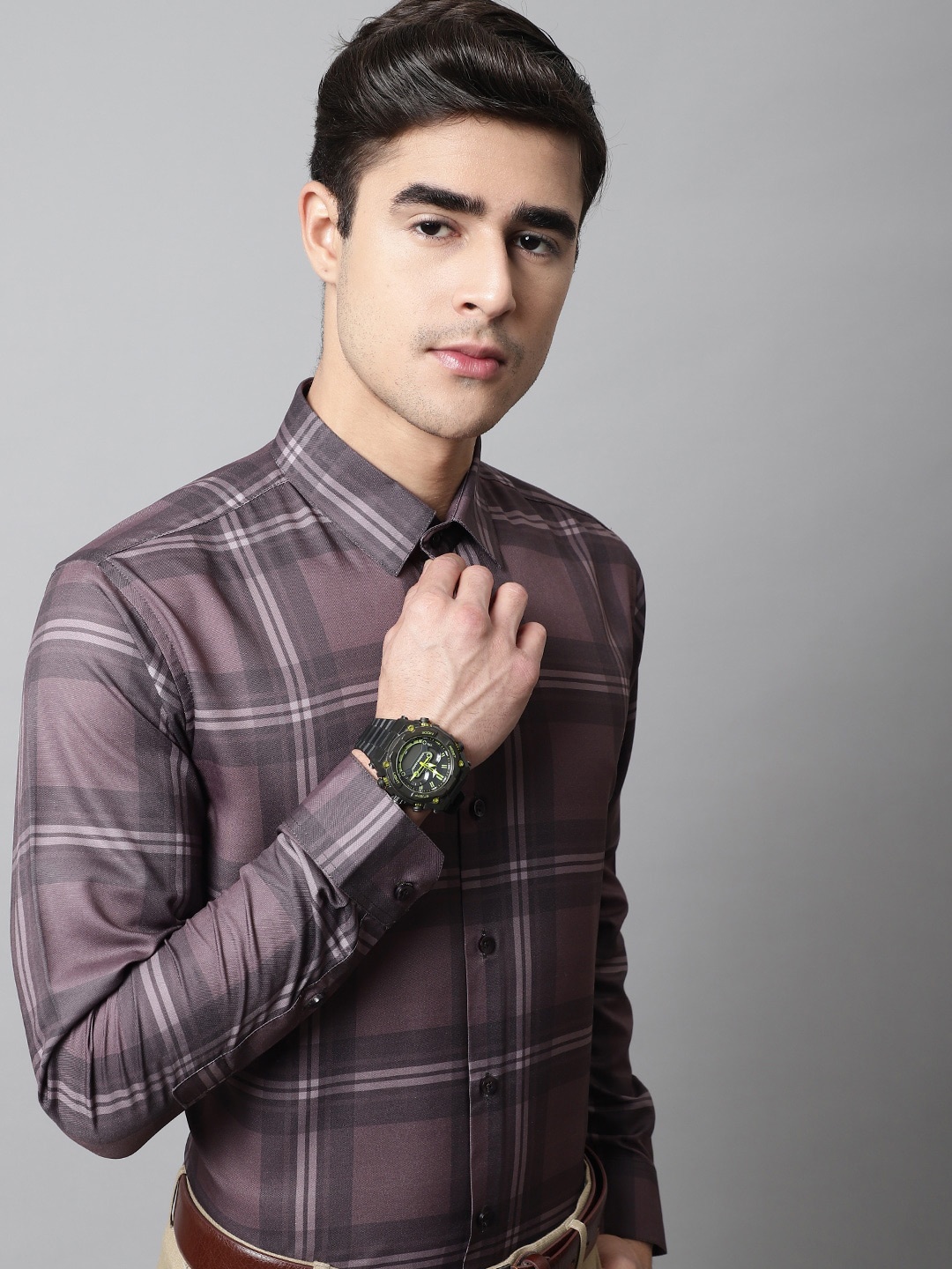 

JAINISH Men Tartan Checked Cotton Formal Shirt, Brown