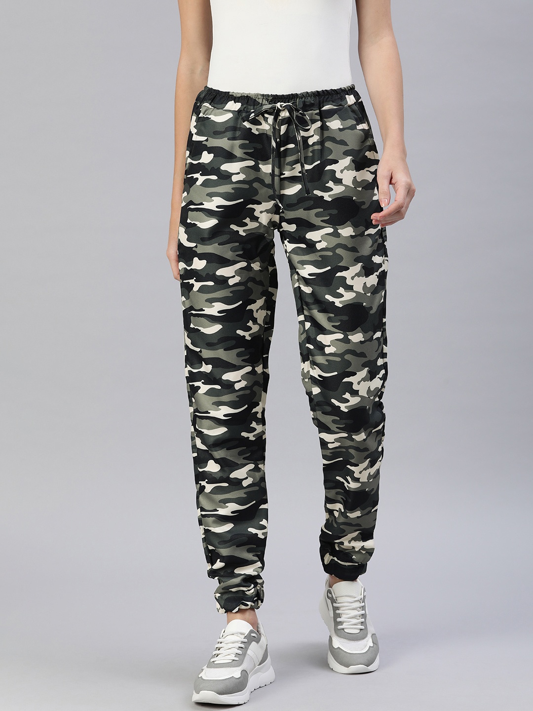 

London Rag Women Camouflage Printed High-Rise Joggers, Grey