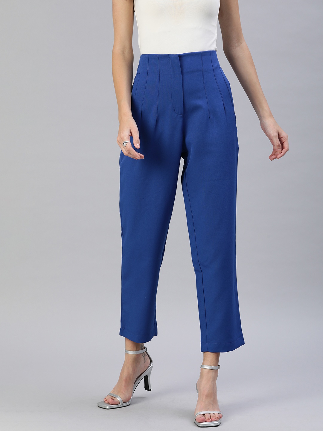 

London Rag Women Straight Fit High-Rise Peg Trousers, Blue