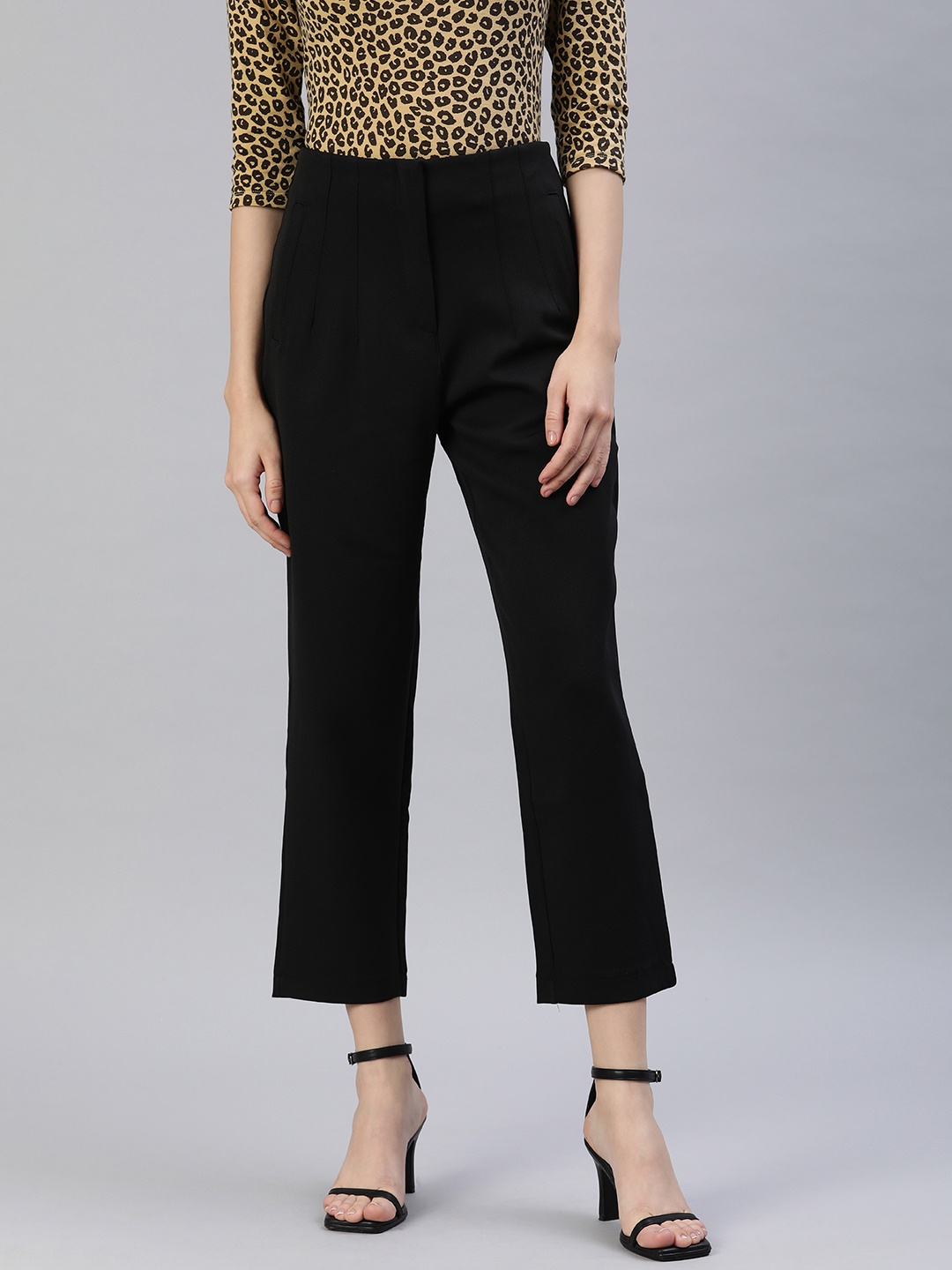 

London Rag Women Straight Fit High-Rise Cropped Trousers, Black