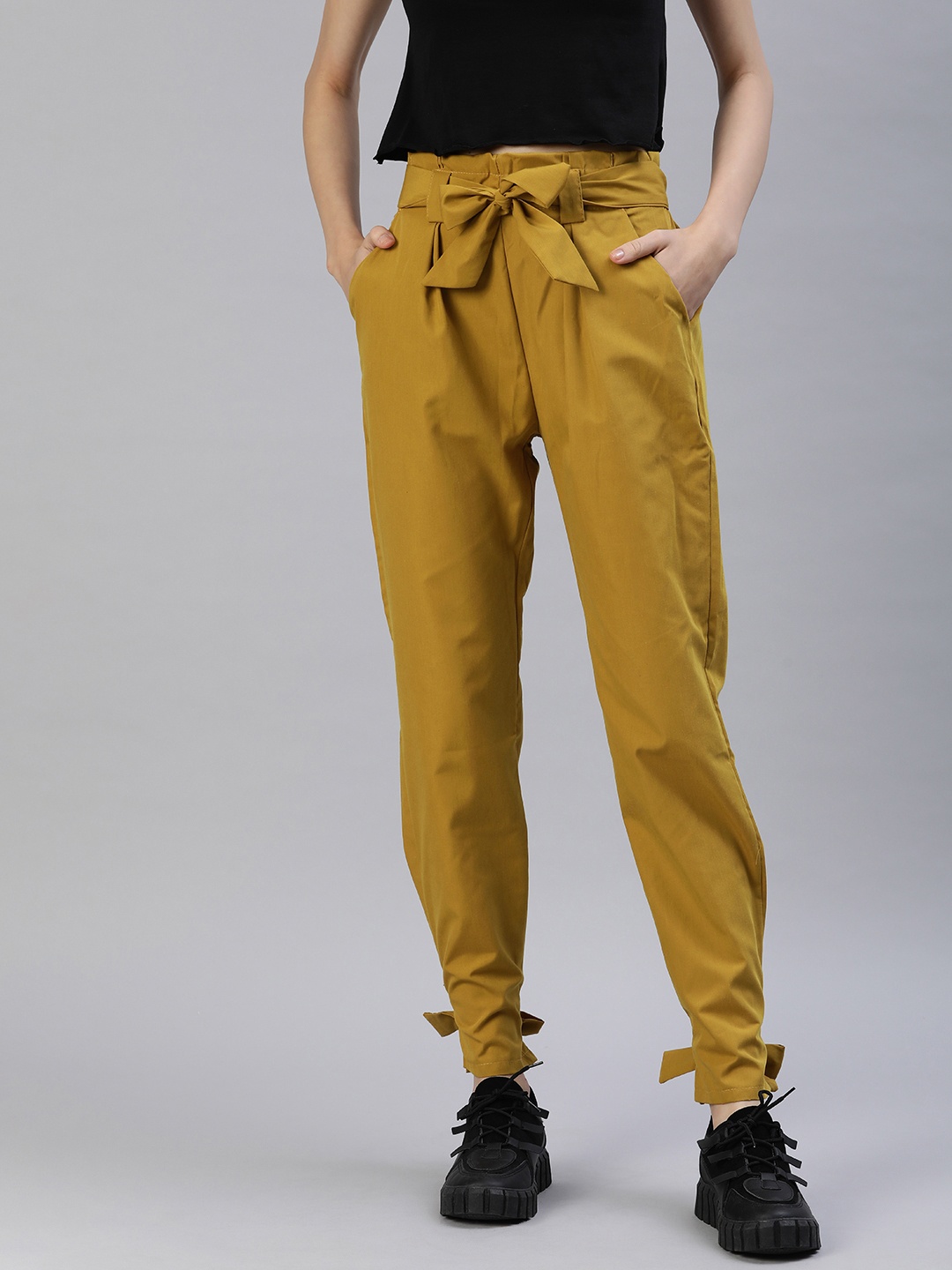 

London Rag Women High-Rise Trousers With Belt, Mustard