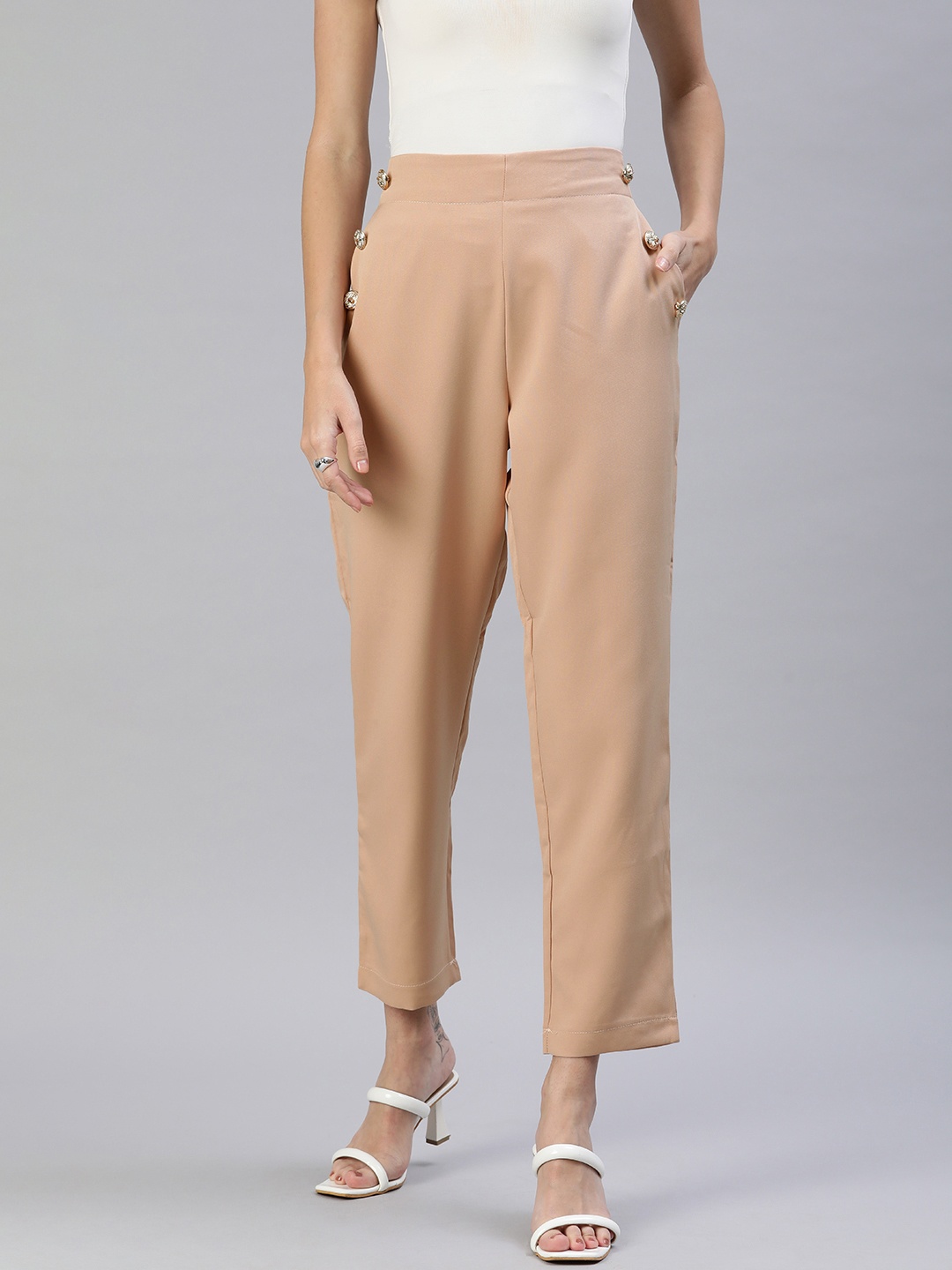 

London Rag Women Straight Fit Cropped Trousers, Peach