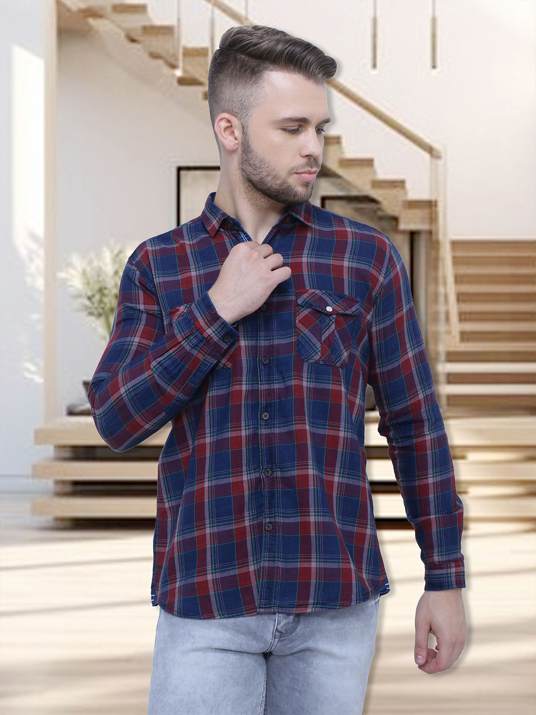 

Kuons Avenue Men Smart Slim Fit Tartan Checked Cotton Casual Shirt, Red