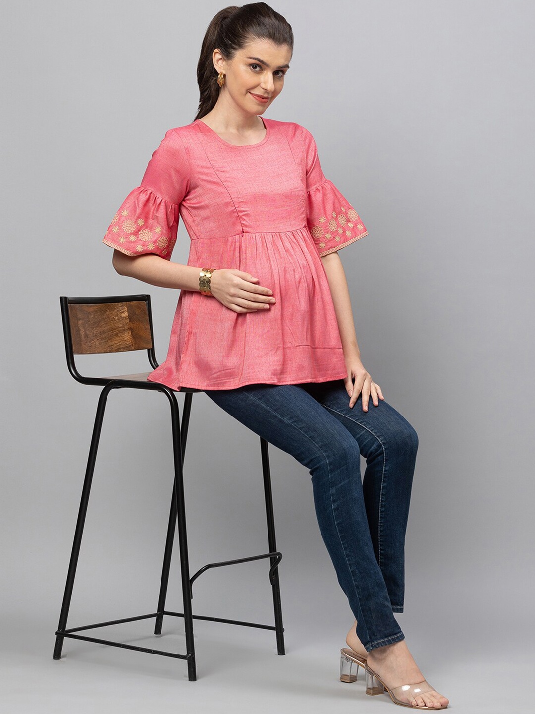 

AV2 Cotton Floral Embroidered Placement Print Top, Pink