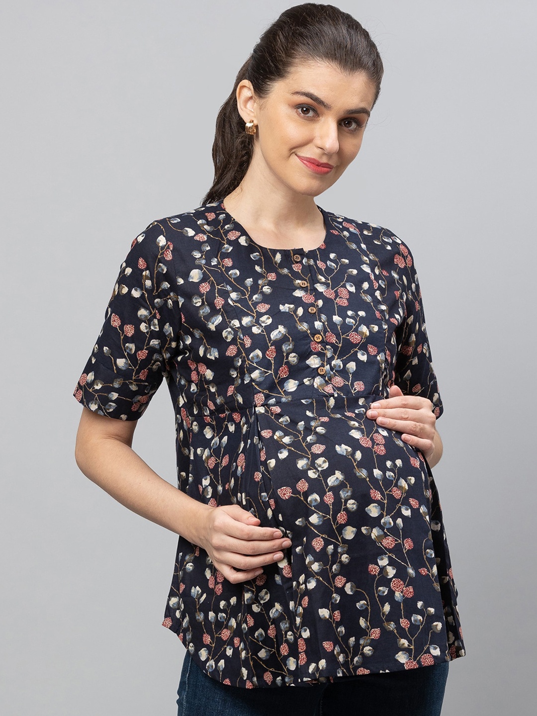 

AV2 Cotton Floral Print Top, Navy blue