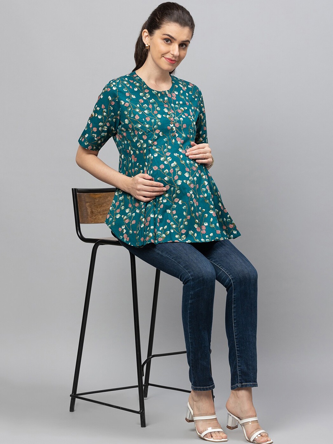 

AV2 Floral Printed Pure Cotton Maternity Top, Green