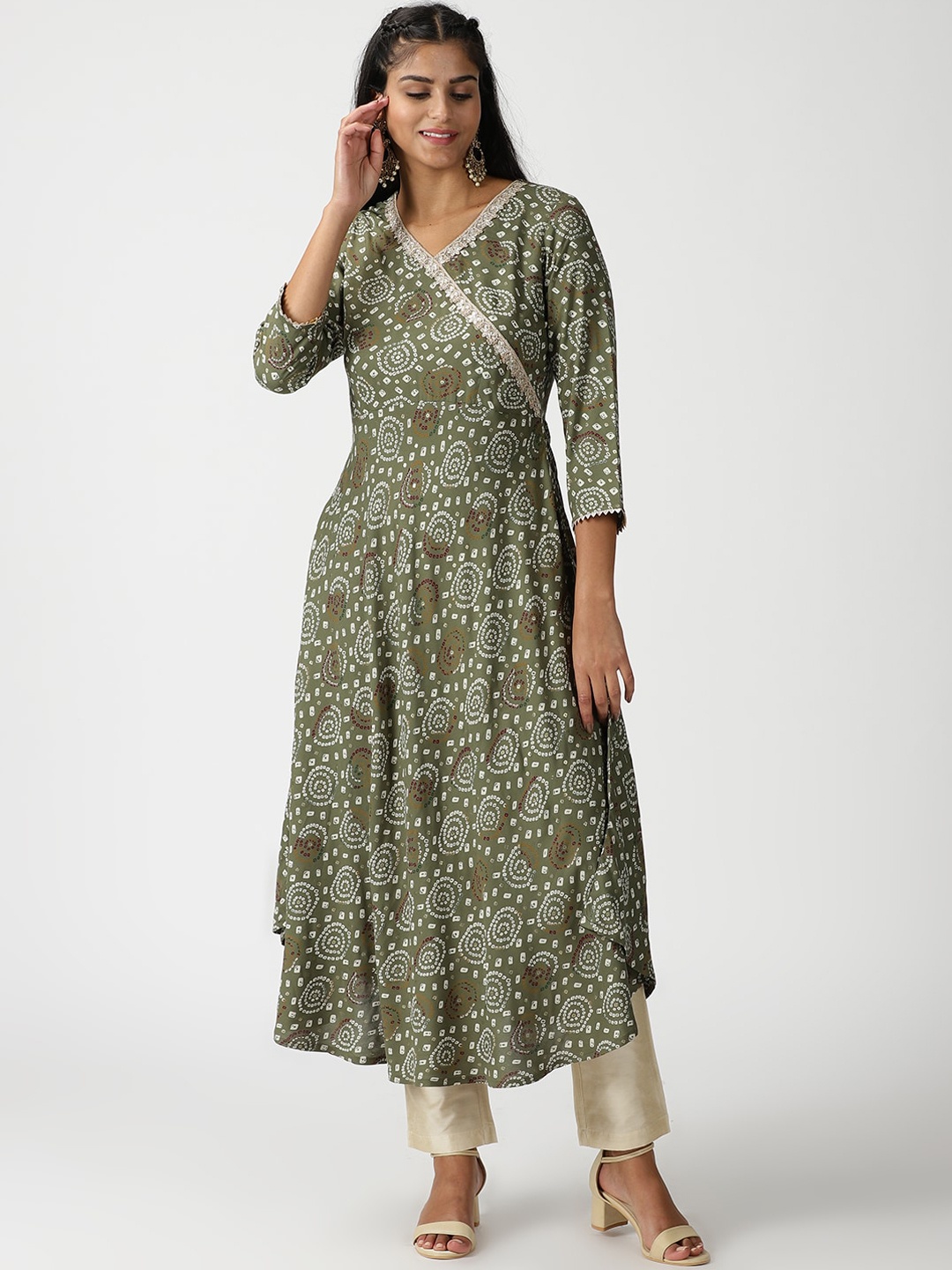 

Saffron Threads Women Bandhani Printed Rayon Kurta with Gota Lace, Green