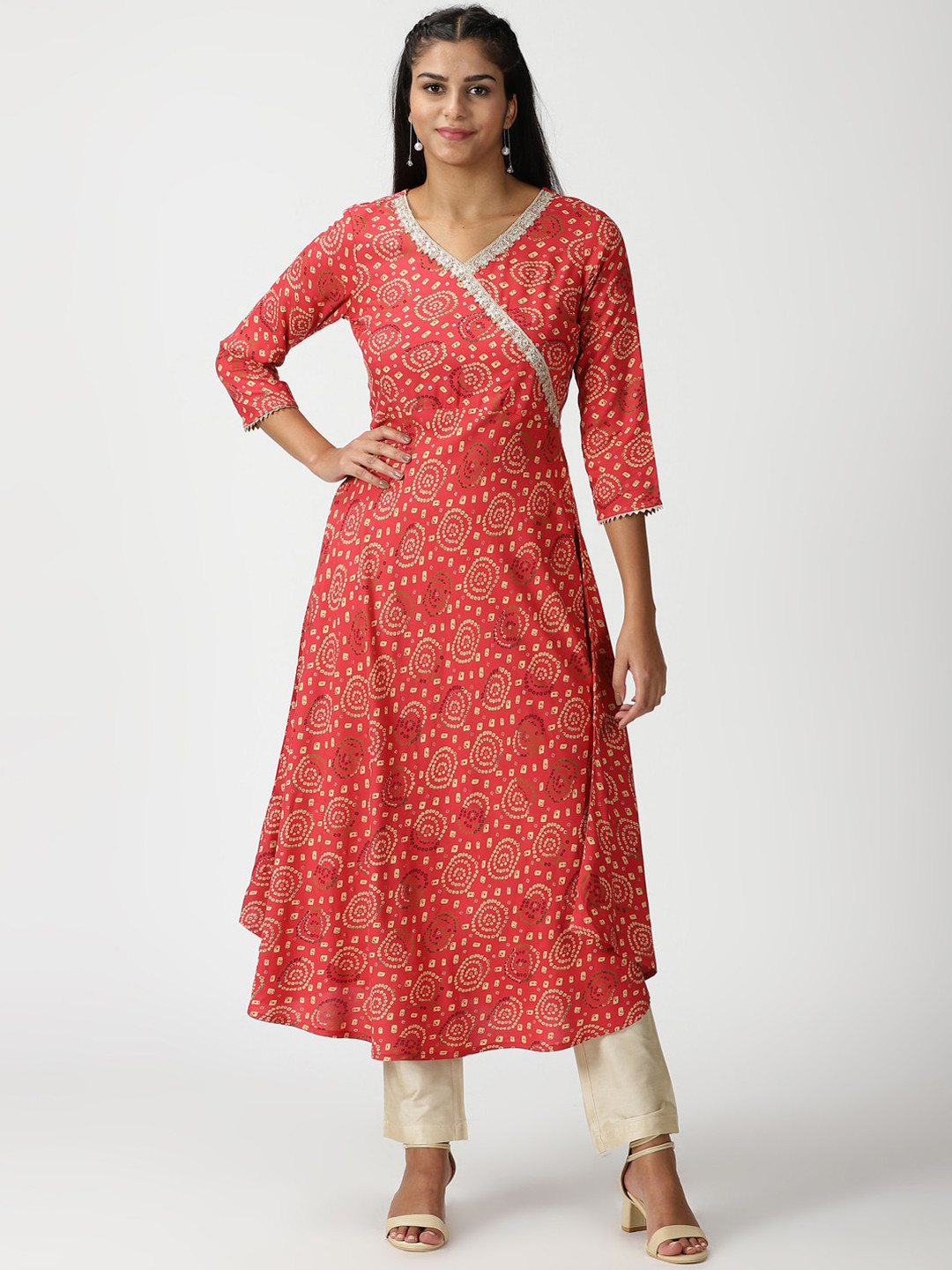 

Saffron Threads Women Coral Bandhani Printed Rayon Kurta with Gota Lace