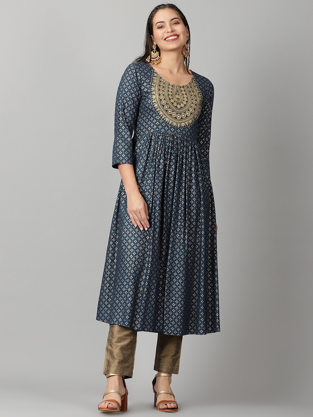 

Saffron Threads Ethnic Motifs Gold Printed Empire Kurta, Teal