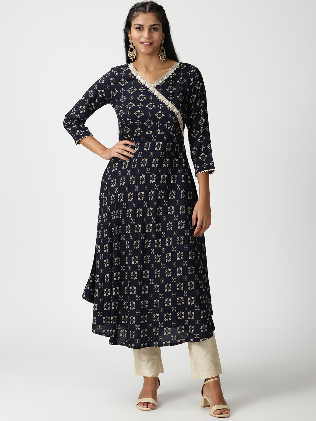 

Saffron Threads Women Bandhani Printed Rayon Kurta with Gota Lace, Navy blue