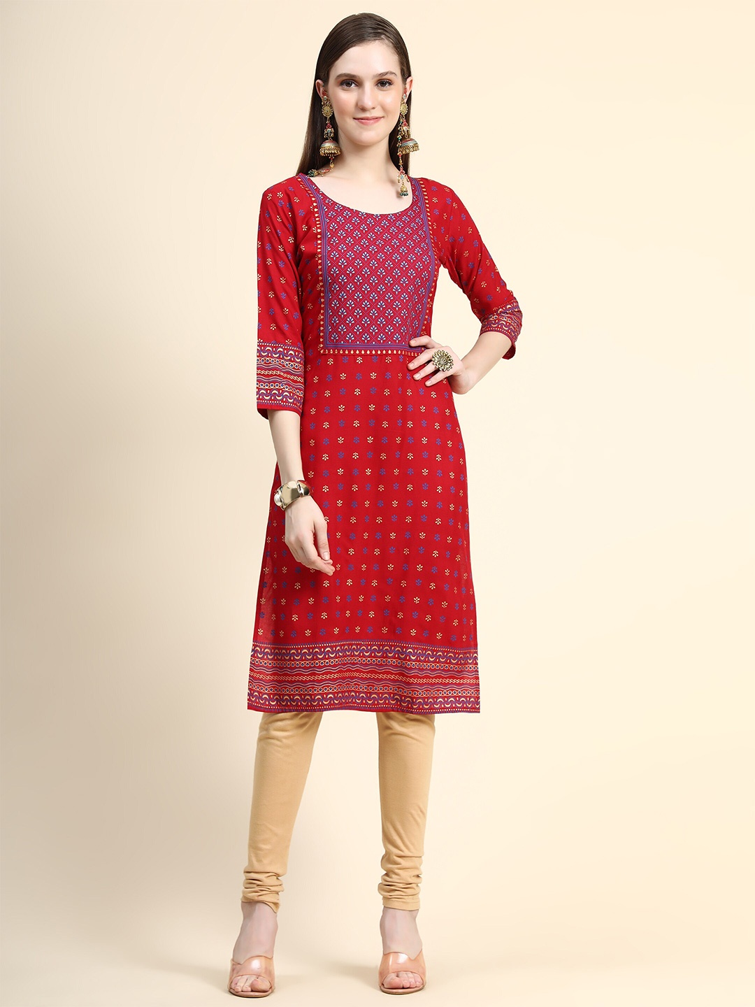 

Fashion FRICKS Ethnic Motifs Printed Straight Regular Kurta, Red