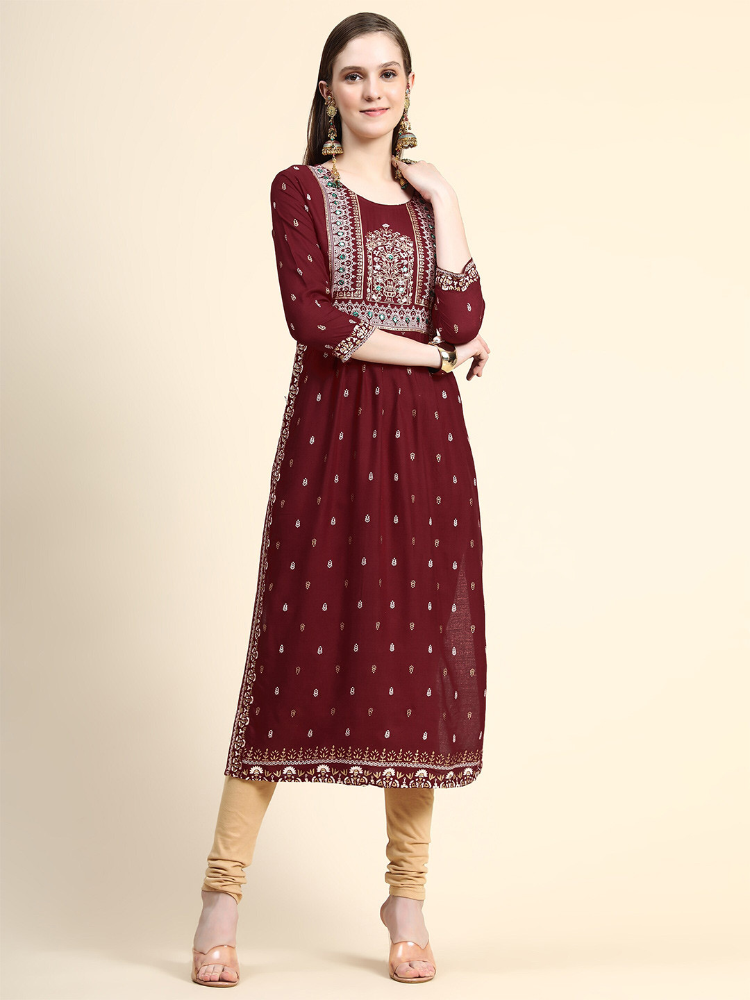 

Fashion FRICKS Women Ethnic Motifs Printed Round Neck Kurta, Maroon