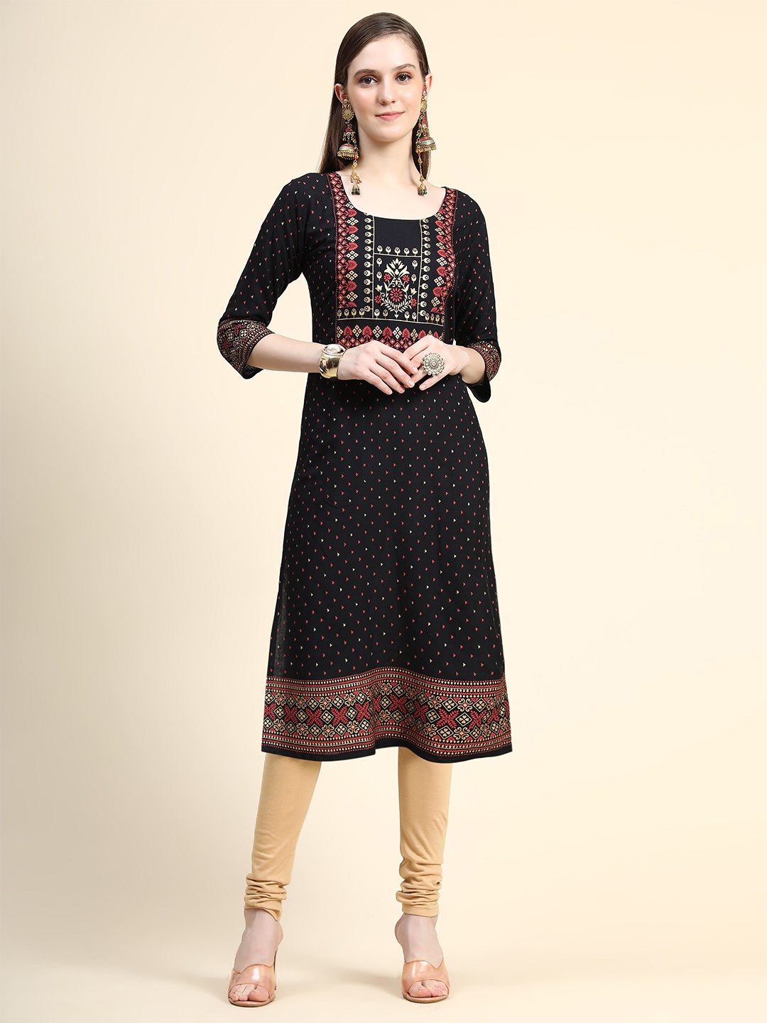 

Fashion FRICKS Ethnic Motifs Printed Kurta, Black