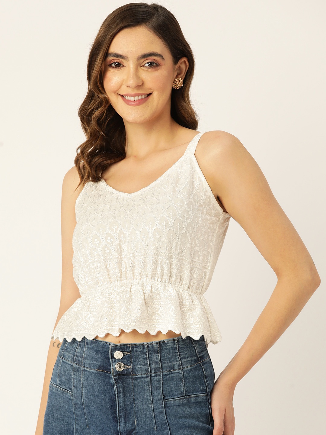

BRINNS Embroidered Peplum Crop Top, White