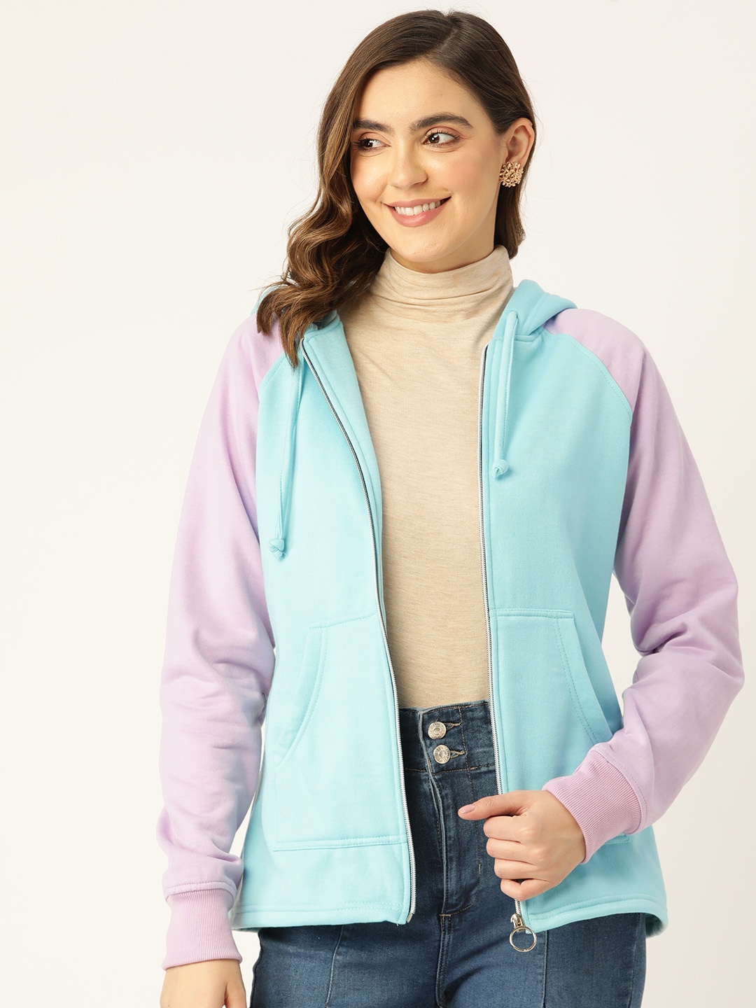 

BRINNS Women Colourblocked Fleece Hooded Sweatshirt, Turquoise blue