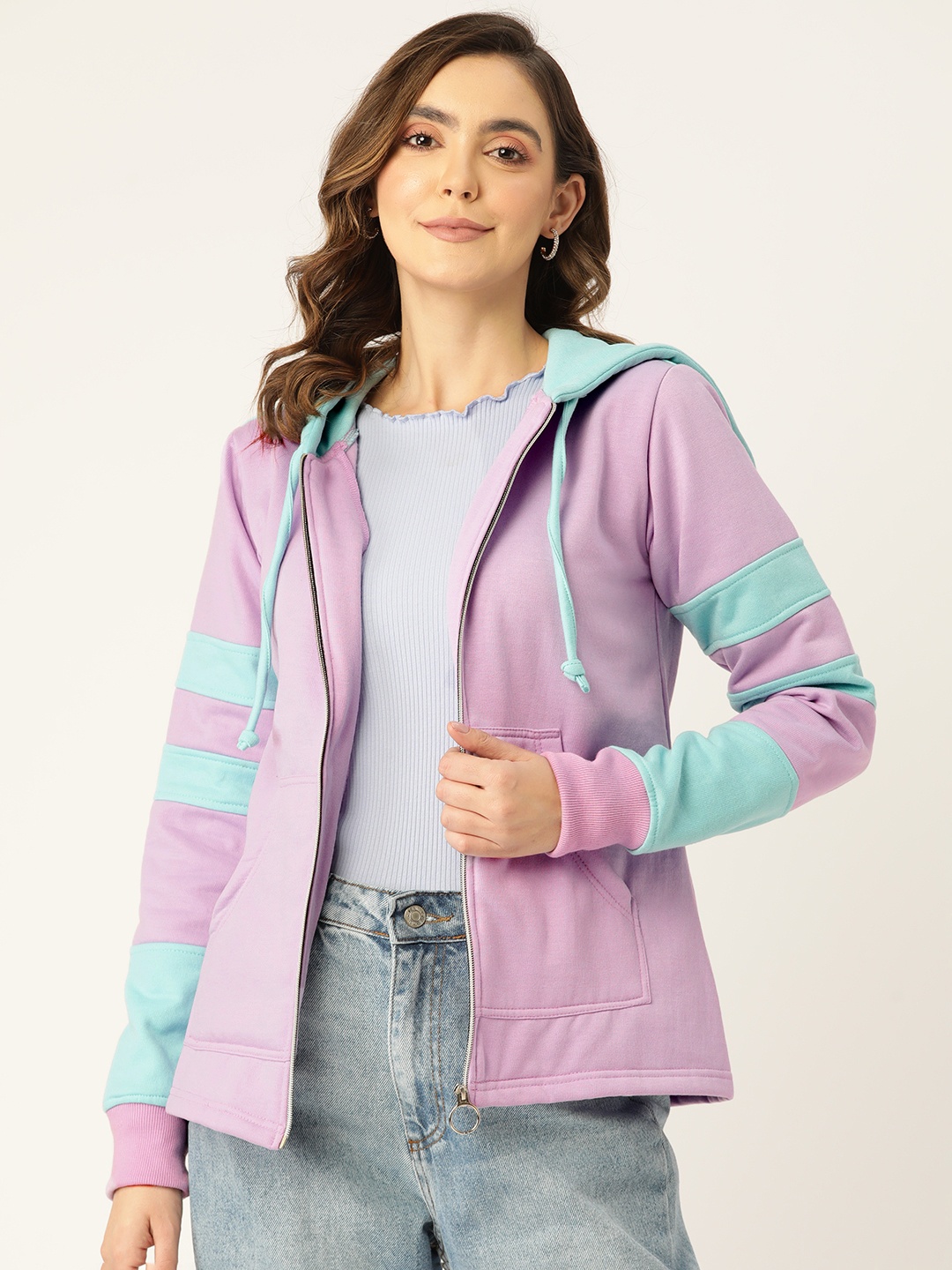 

BRINNS Women Colourblocked Fleece Hooded Sweatshirt, Lavender