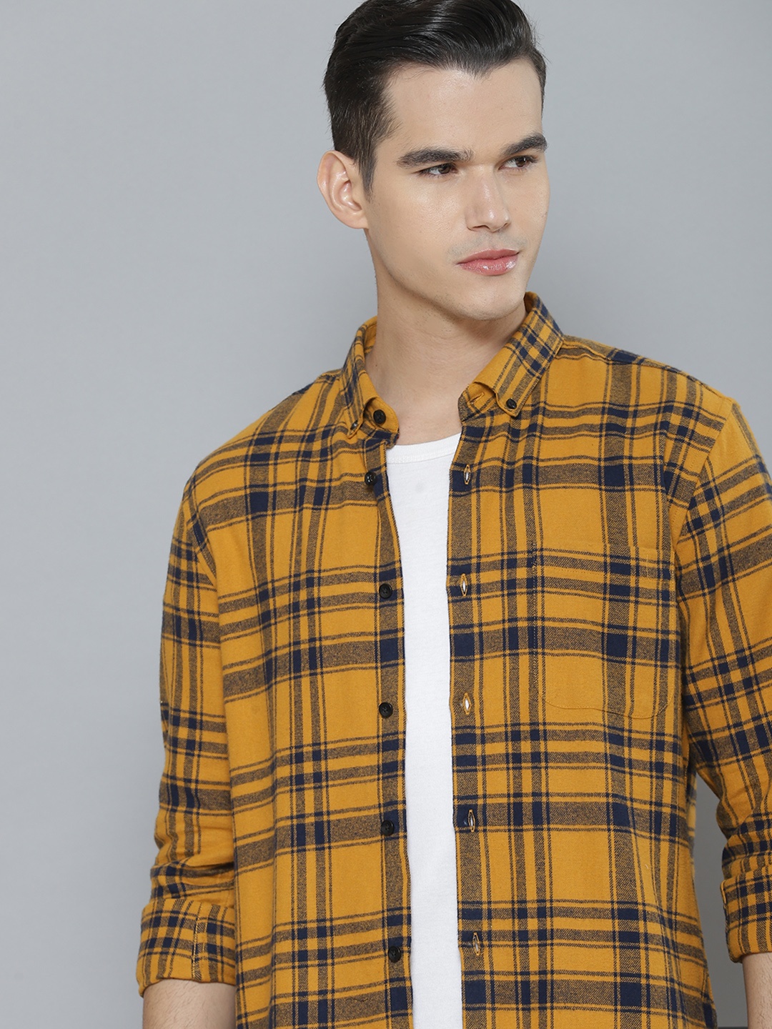 

DENNISON Men Smart Tartan Checked Cotton Casual Shirt, Yellow