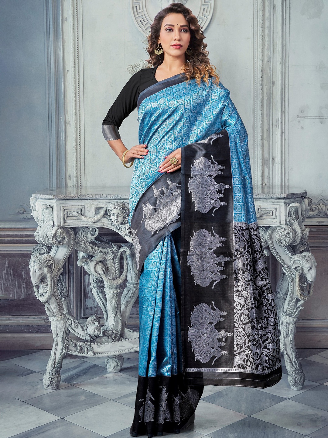 

Fashion Booms Woven Design Zari Pure Silk Kanjeevaram Saree, Blue