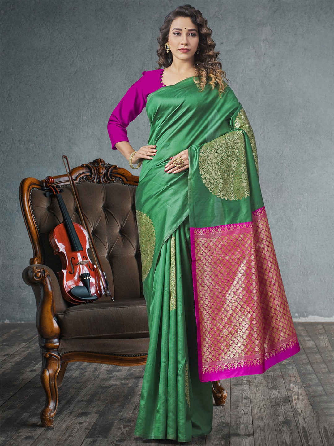 

Fashion Booms Floral Zari Pure Silk Kanjeevaram Saree, Green