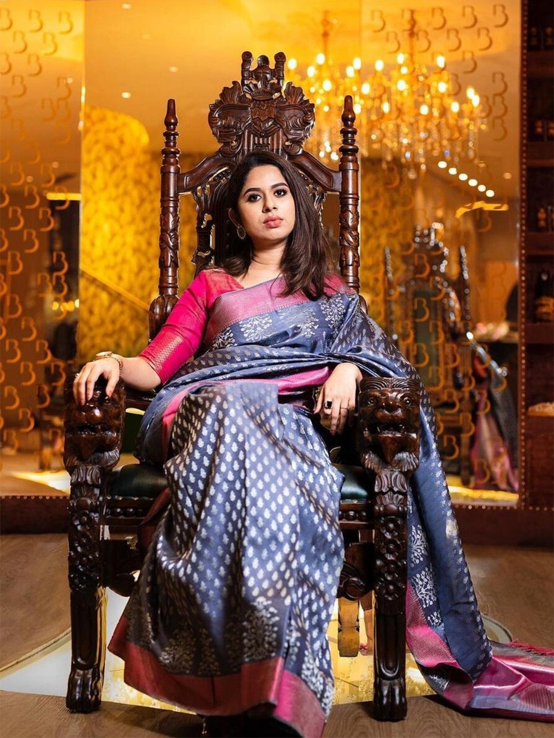 

Fashion Booms Ethnic Motifs Zari Pure Silk Kanjeevaram Saree, Grey