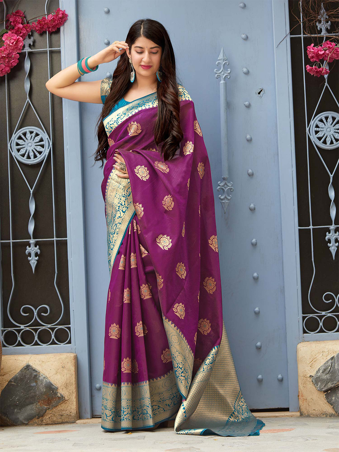 

Fashion Booms Floral Zari Pure Silk Kanjeevaram Saree, Purple