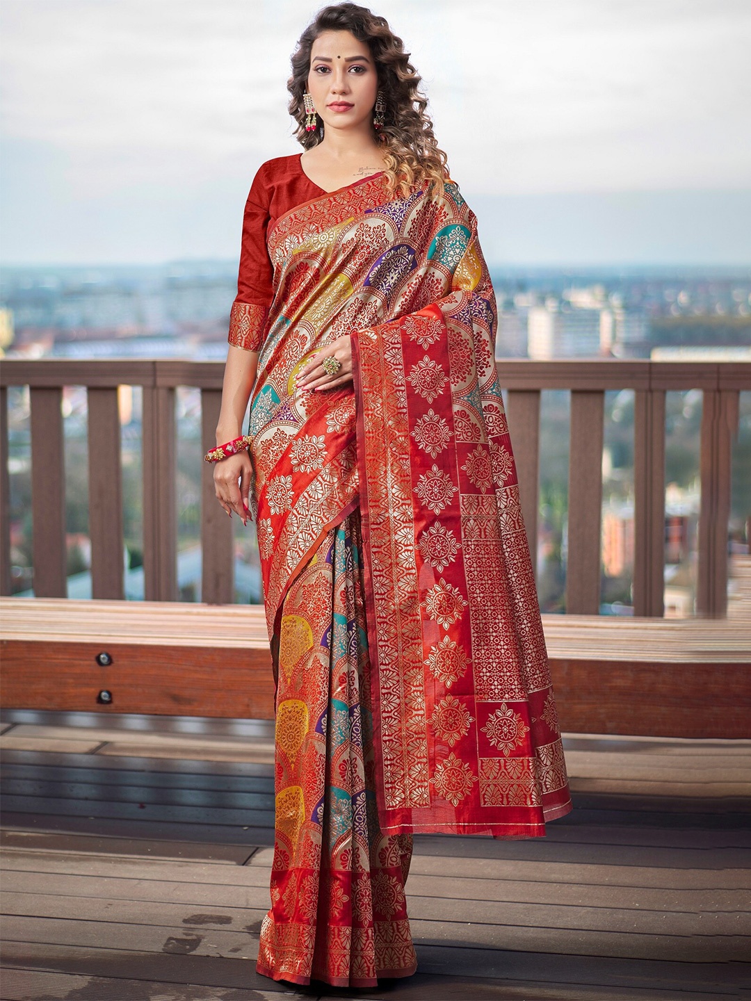 

Fashion Booms Ethnic Motifs Zari Pure Silk Kanjeevaram Saree, Red