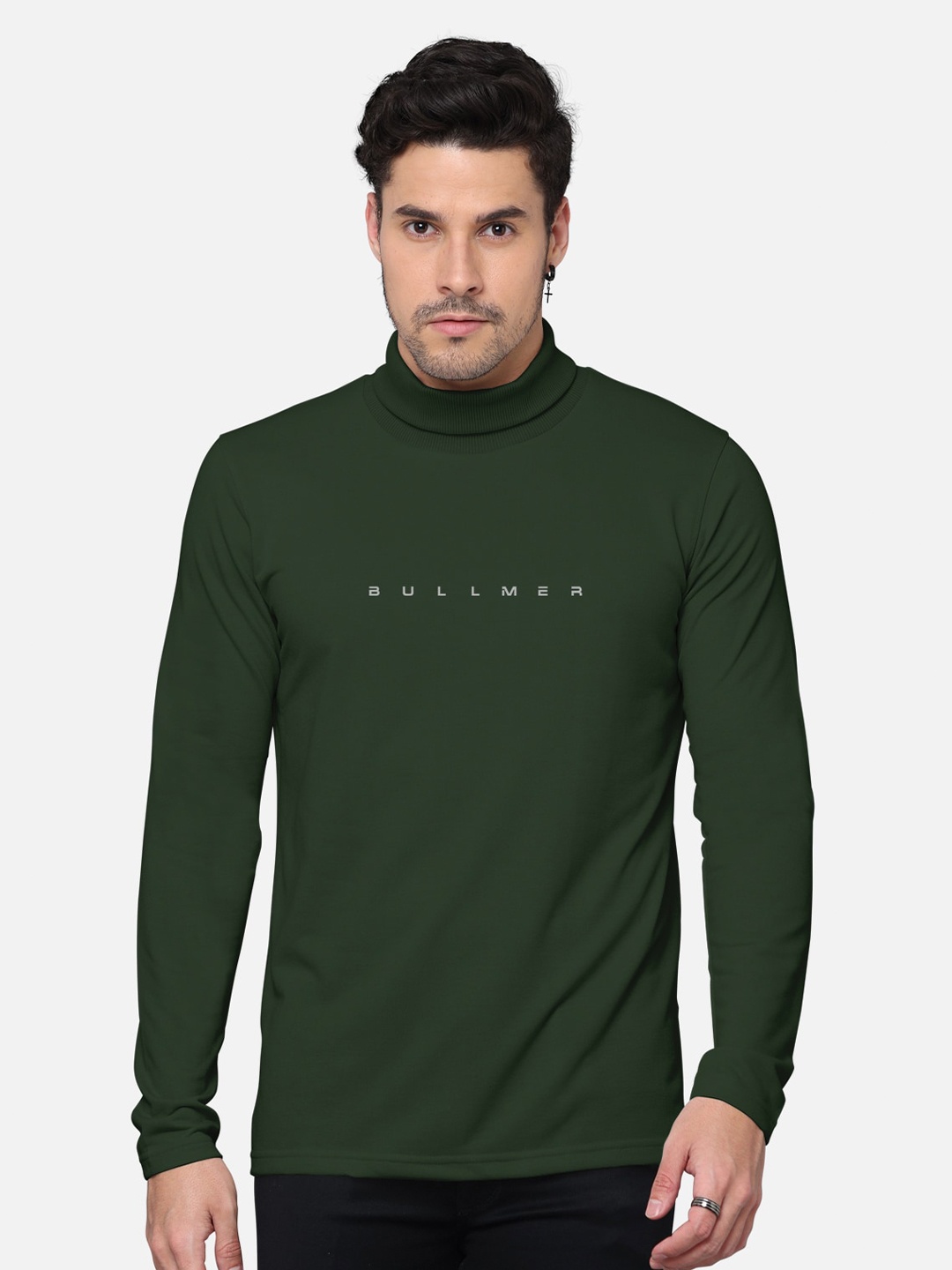 BULLMER Men Typography Printed High Neck Cotton T-shirt, Olive