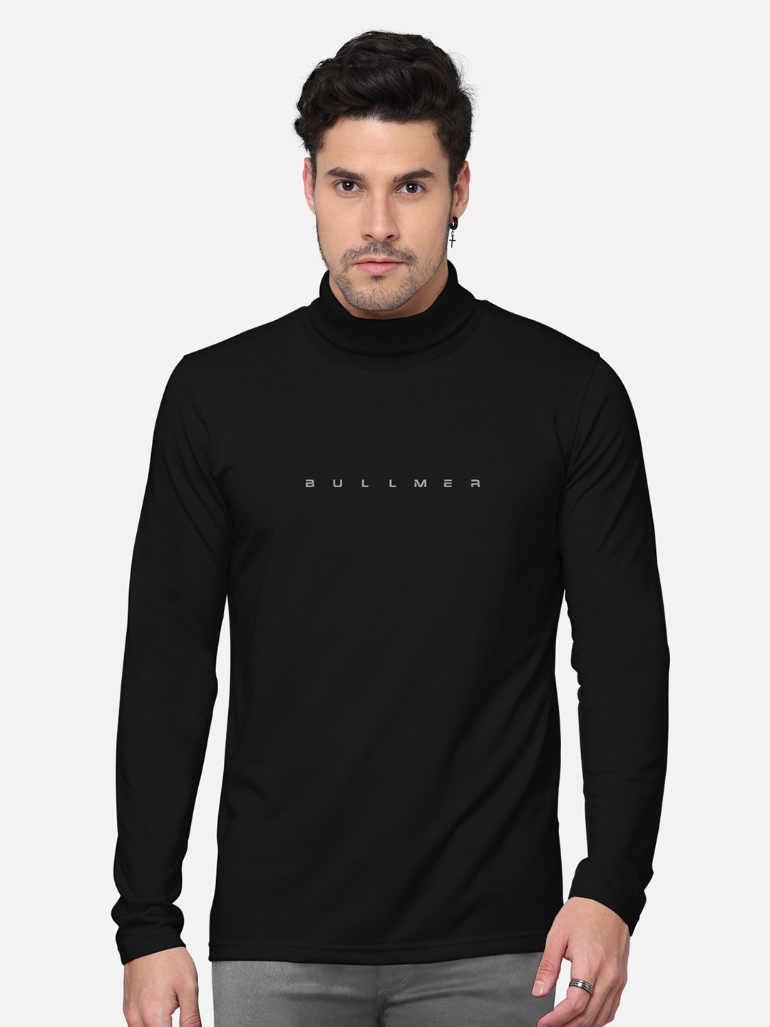 

BULLMER Men Black Typography Printed High Neck Cotton T-shirt