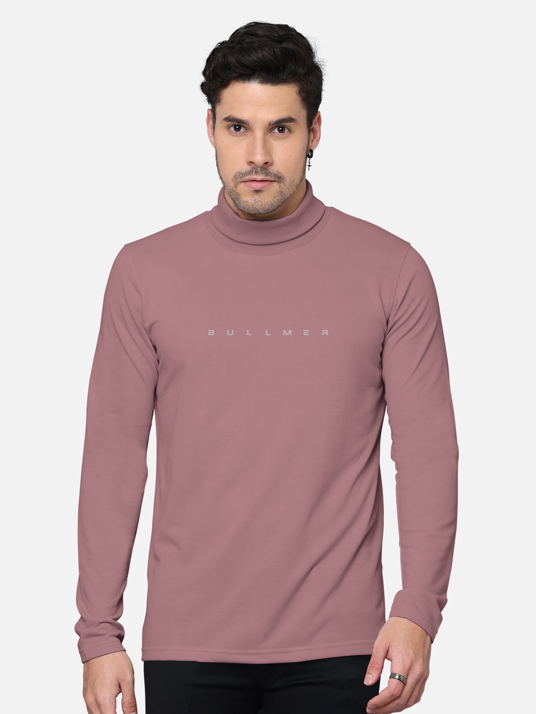

BULLMER Men Typography Printed High Neck Cotton T-shirt, Mauve